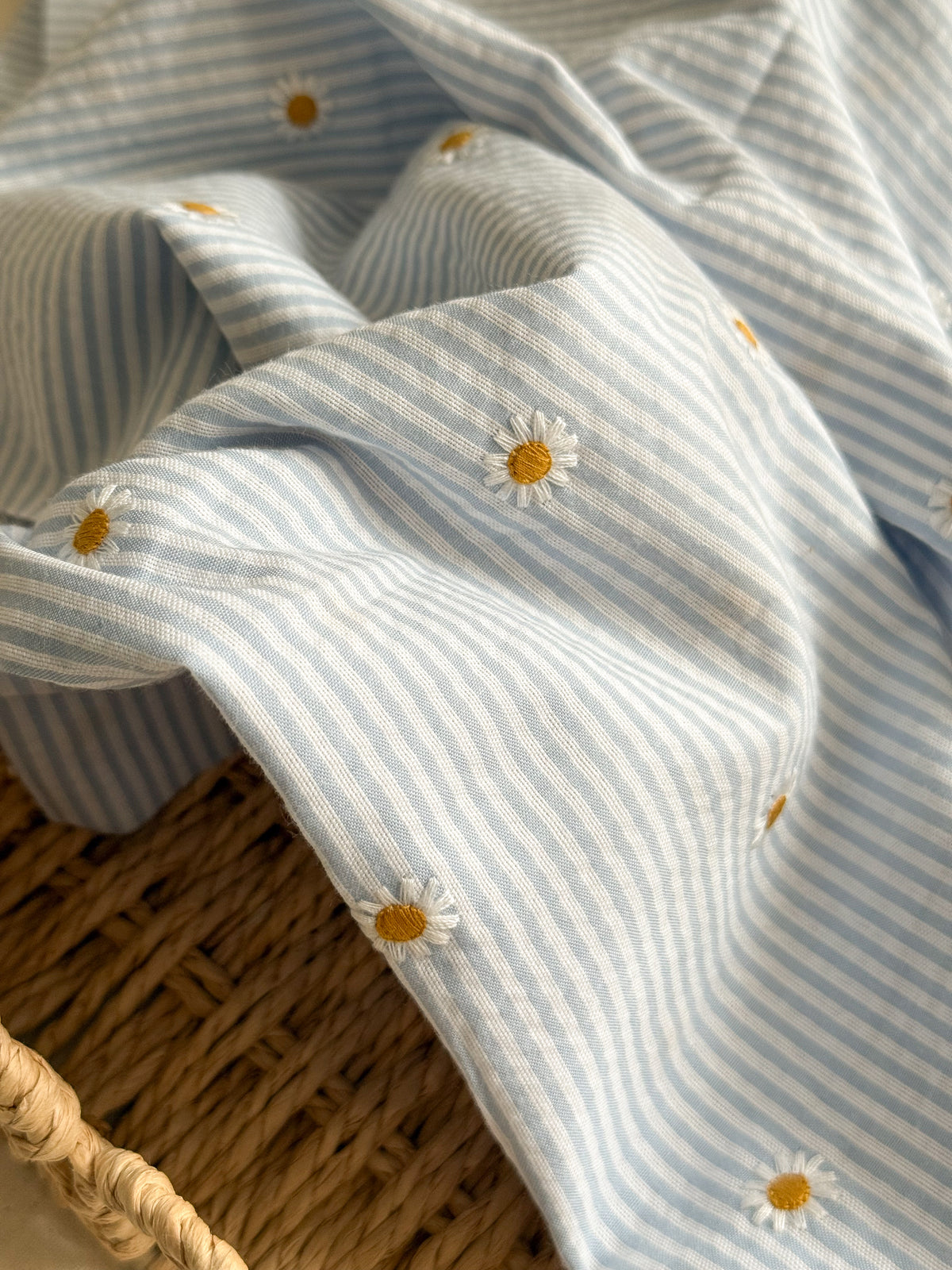 Cotton Stripe Seersucker Fabric With Embroidered Daisy - Light Blue