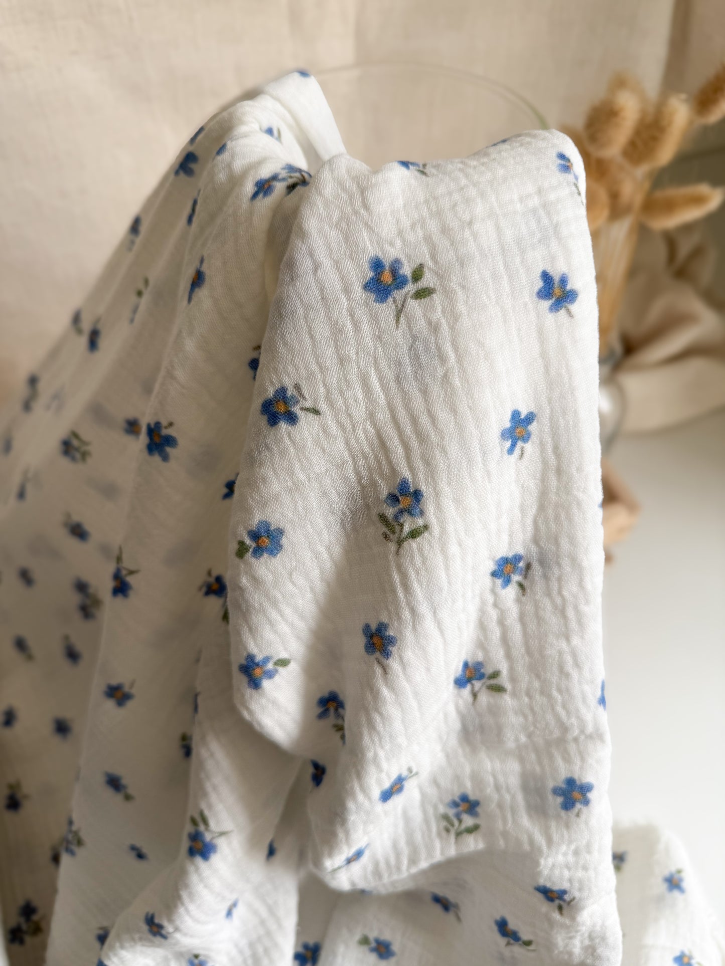 Organic Double Gauze Fabric - Blue Daisy