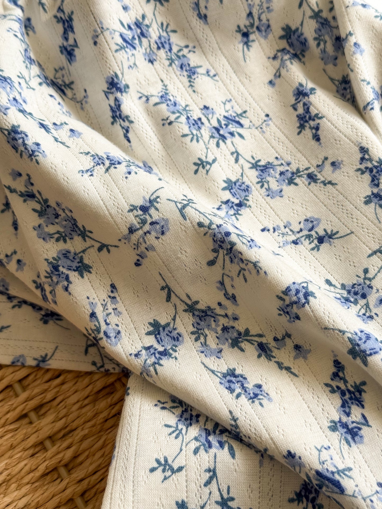 Printed Cotton Jersey Pointelle Fabric - Blue Branches