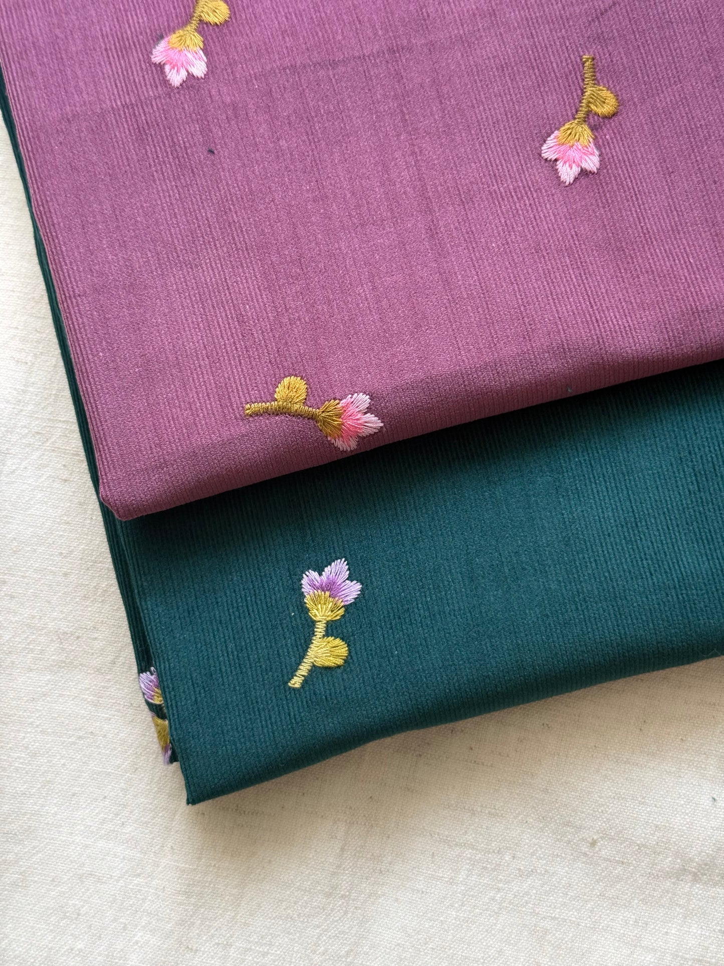 Cotton Embroidered Baby Cord Fabric - Plum