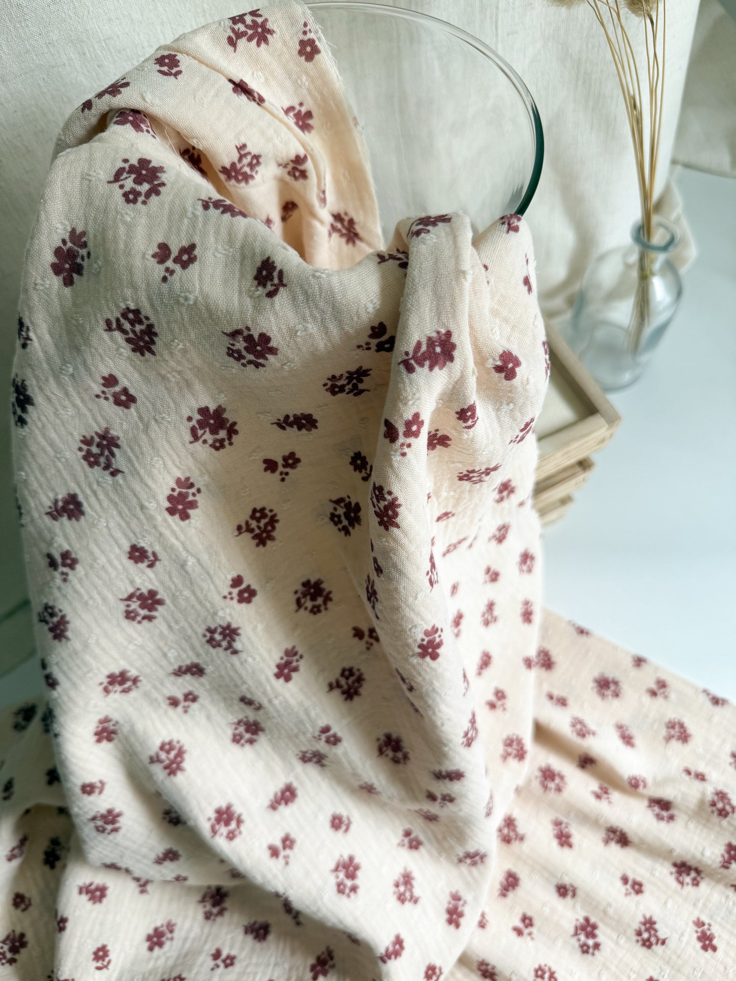 Double Gauze Fabric - Swiss Dot Dobby Floral Maroon