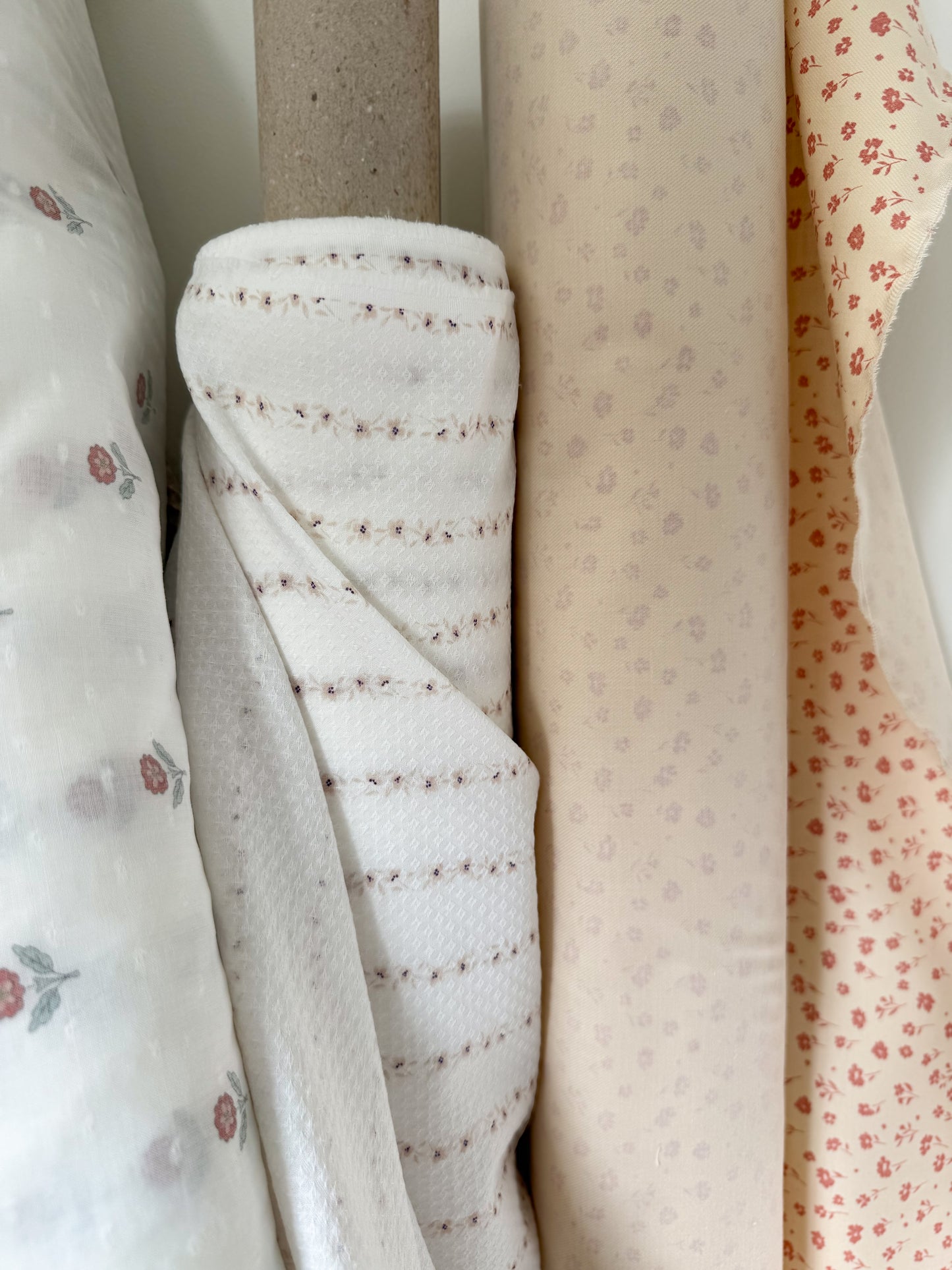 White Textured Organic Cotton Fabric - Nude Floral Stripes