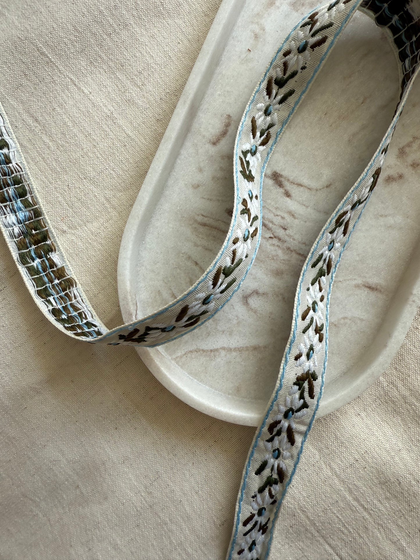 Jacquard Trim Ribbon - White & Blue Floral - 20mm