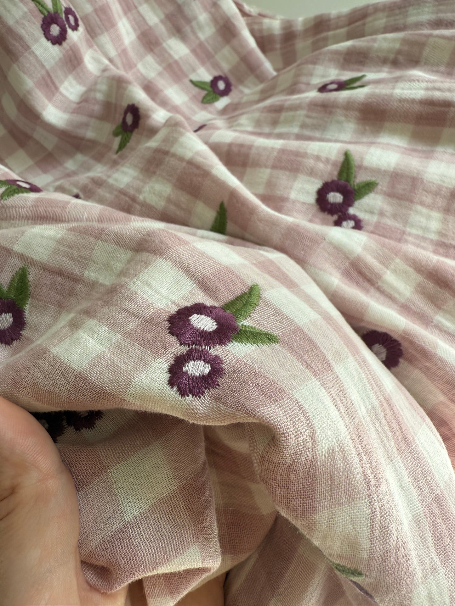 Embroidered Double Gauze Fabric - Mauve Gingham with Flowers