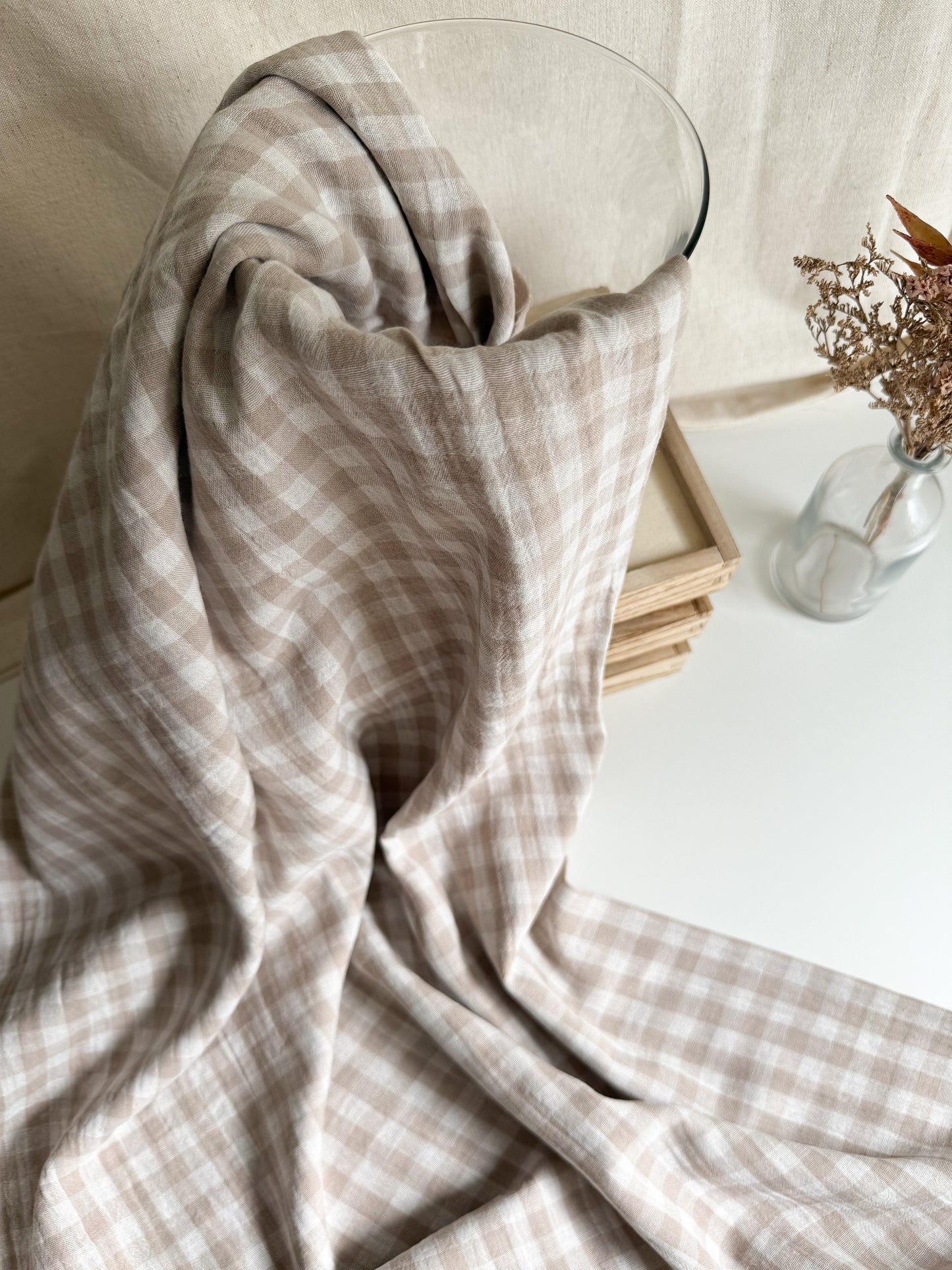 Double Gauze Fabric - Double Sided Gingham Stone