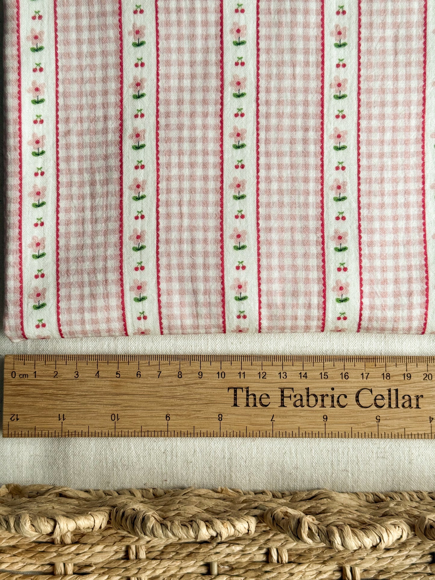 Double Gauze Fabric - Gingham Flowers & Cherries - Pink