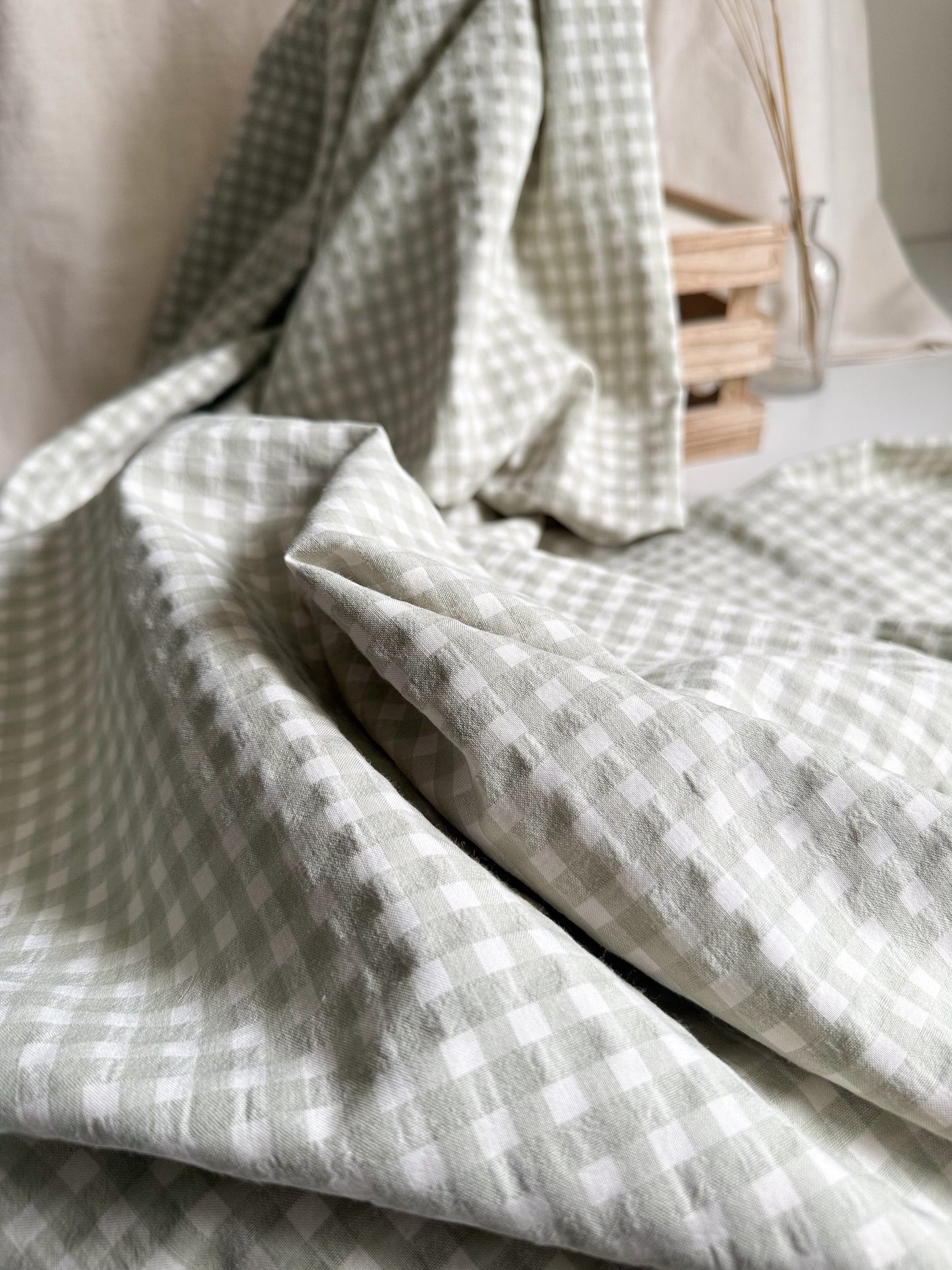 Organic Cotton Blend Seersucker Fabric - Gingham Soft Green