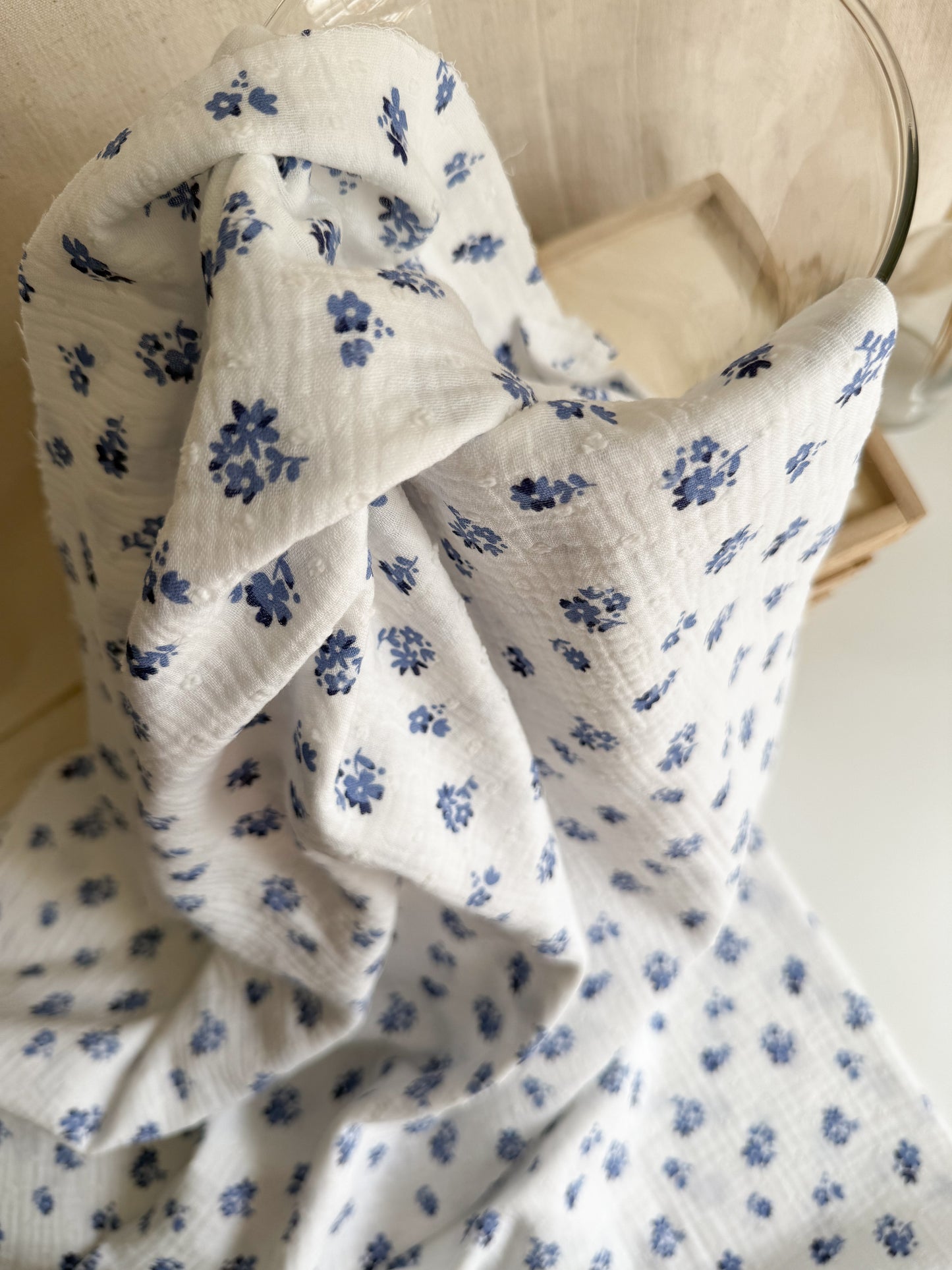 Double Gauze Fabric - Swiss Dot Dobby Floral Blue