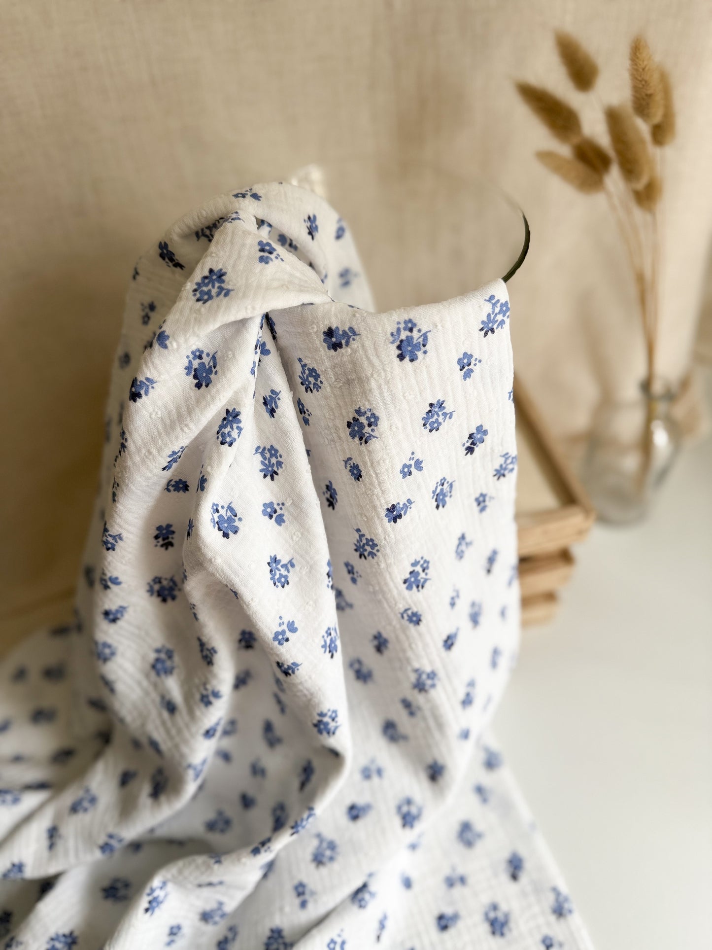 Double Gauze Fabric - Swiss Dot Dobby Floral Blue