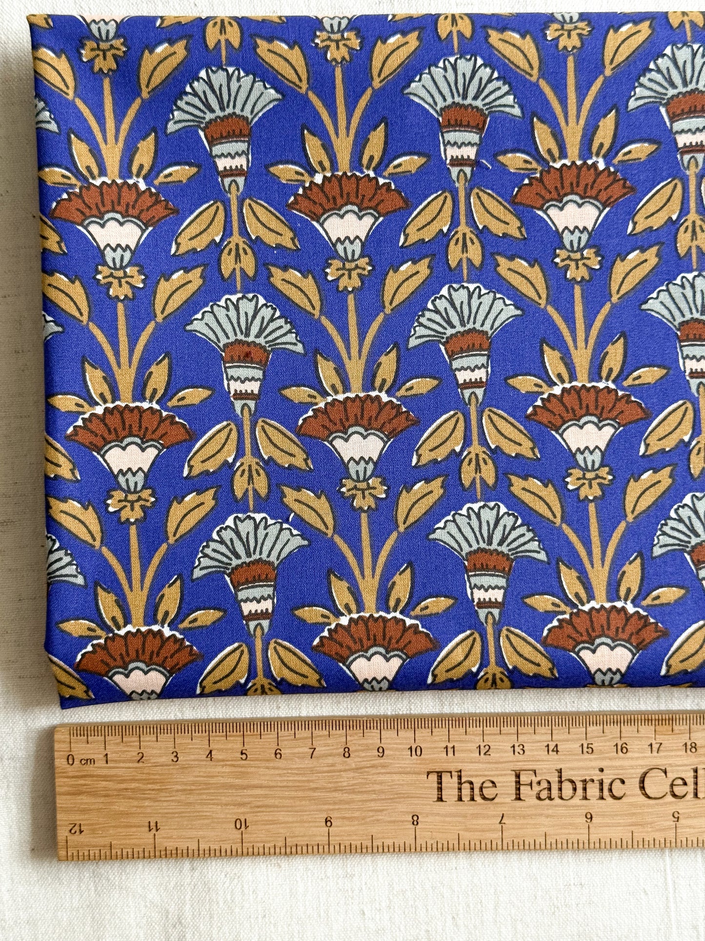 Cotton Poplin Fabric - Bold Block Print - Blue / Caramel