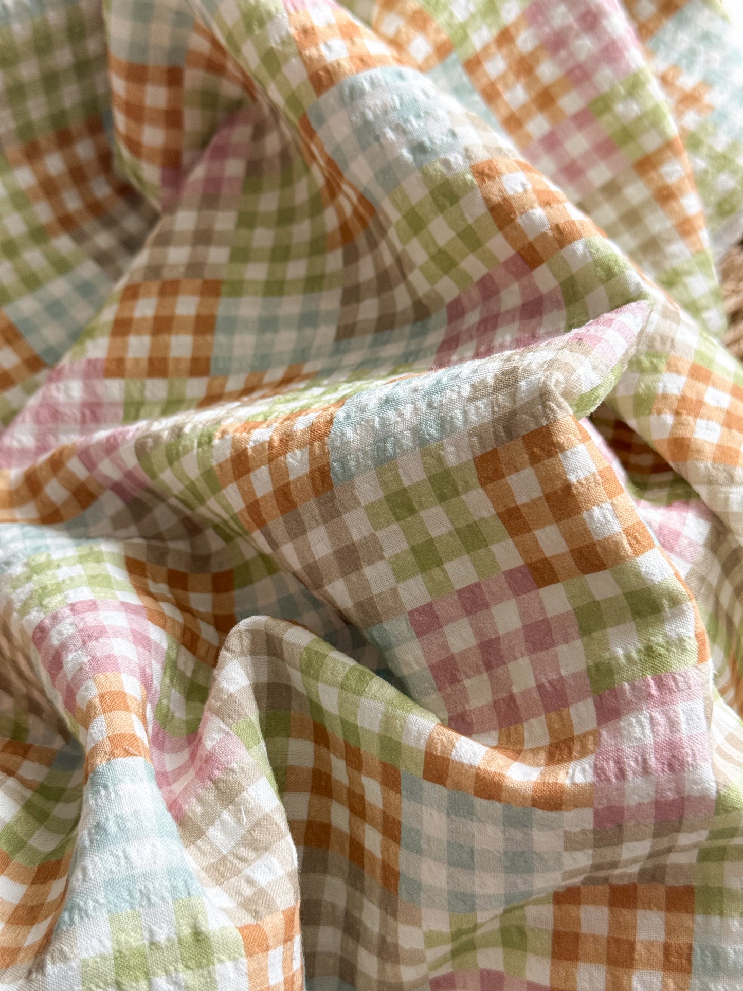 Organic Cotton Gingham Patchwork Seersucker Fabric - Fruit Pastel