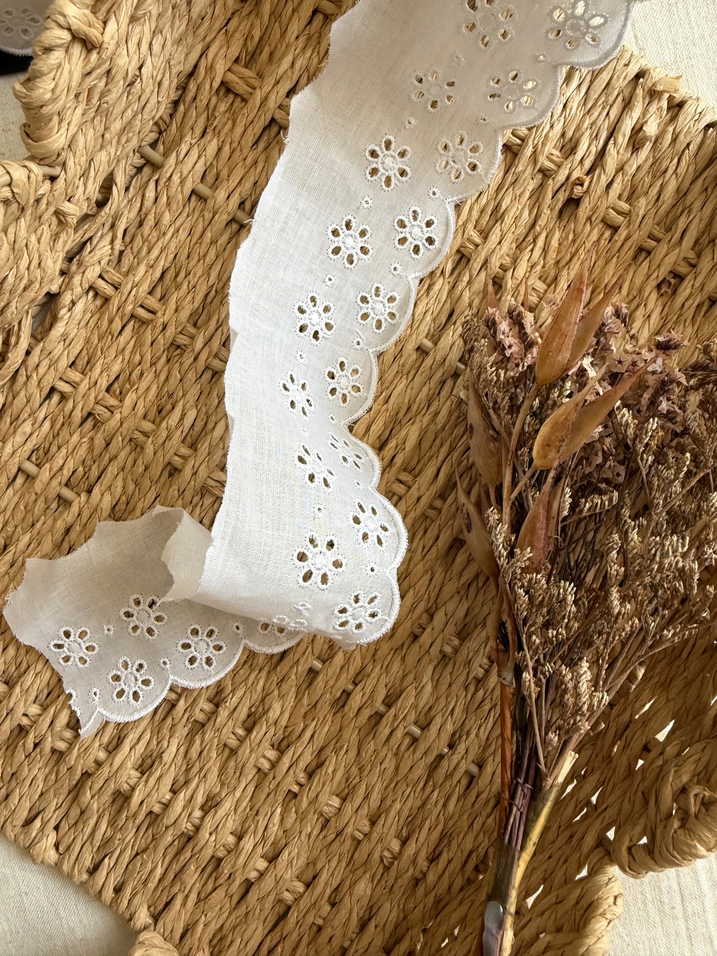 Cotton Broderie Anglaise Trim - White - 50mm wide