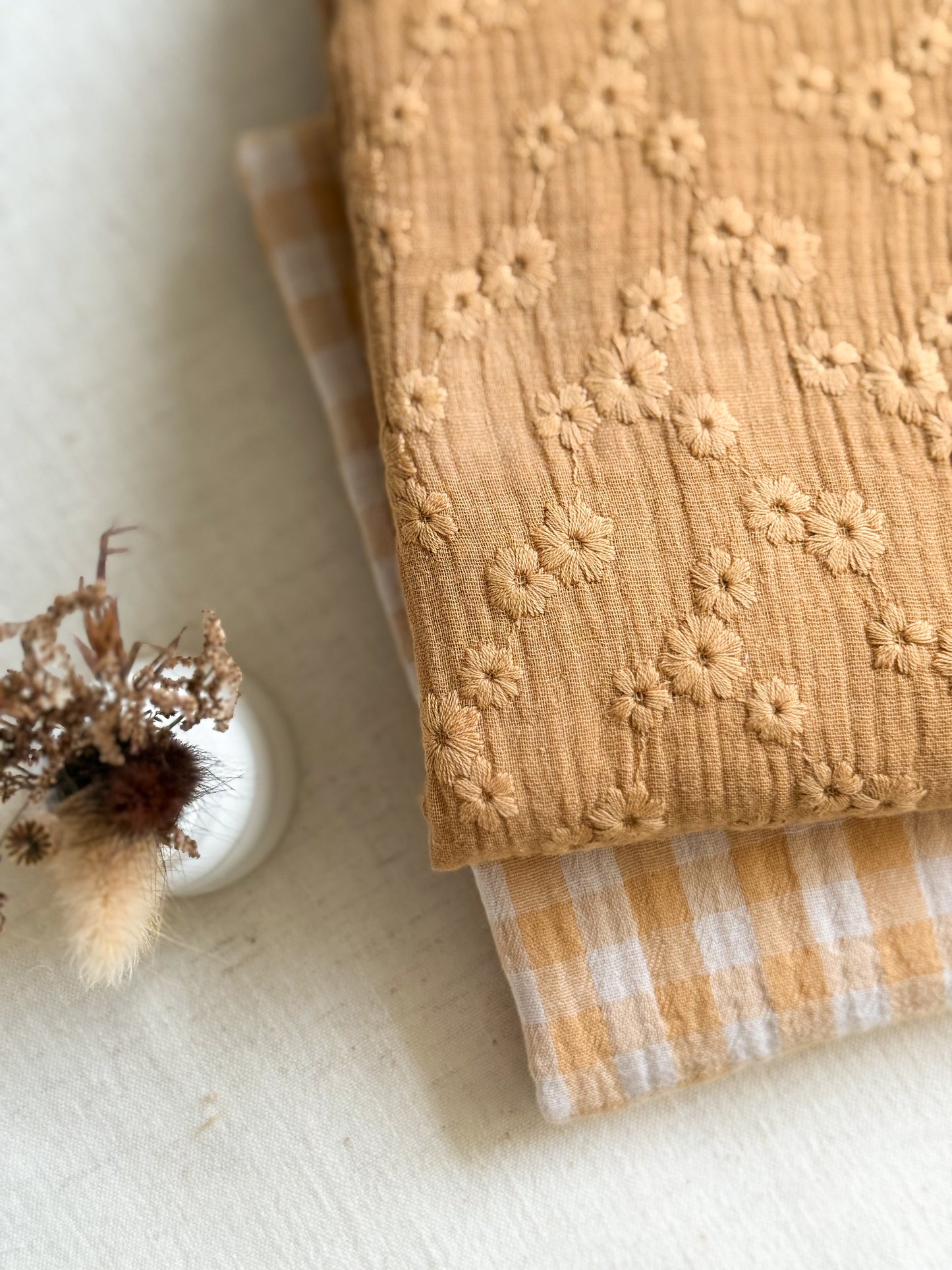 Embroidered Double Gauze Fabric - Caramel Flowers