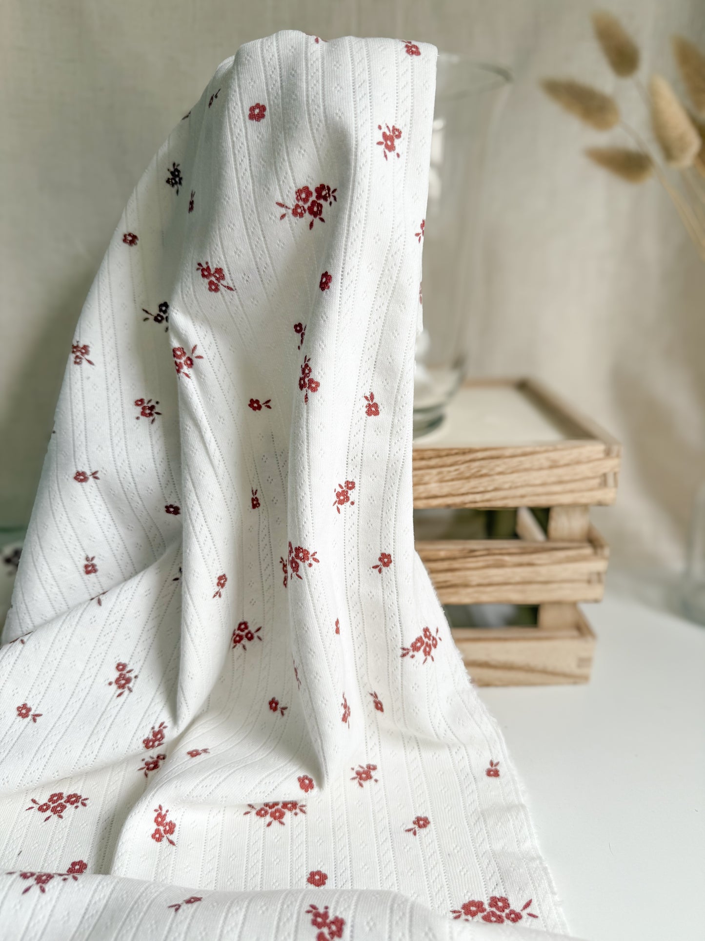 Printed Cotton Jersey Pointelle Fabric - Burgandy Floral