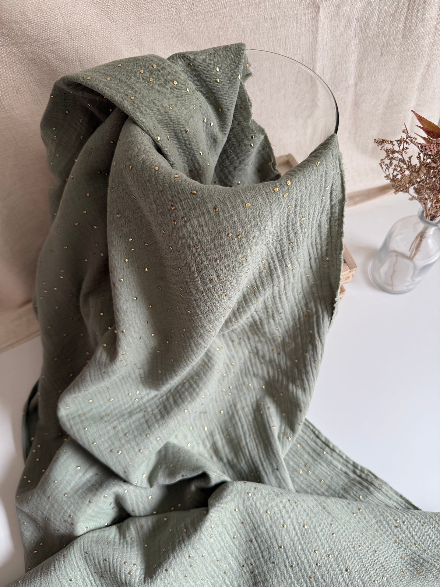 Double Gauze Fabric - Gold Dots Khaki