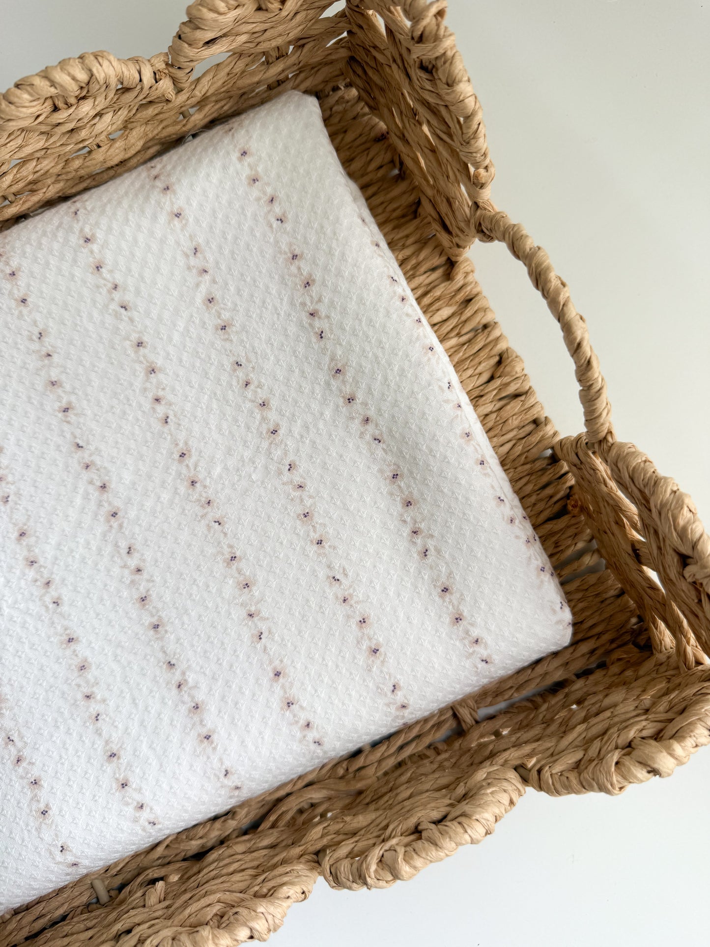 White Textured Organic Cotton Fabric - Nude Floral Stripes