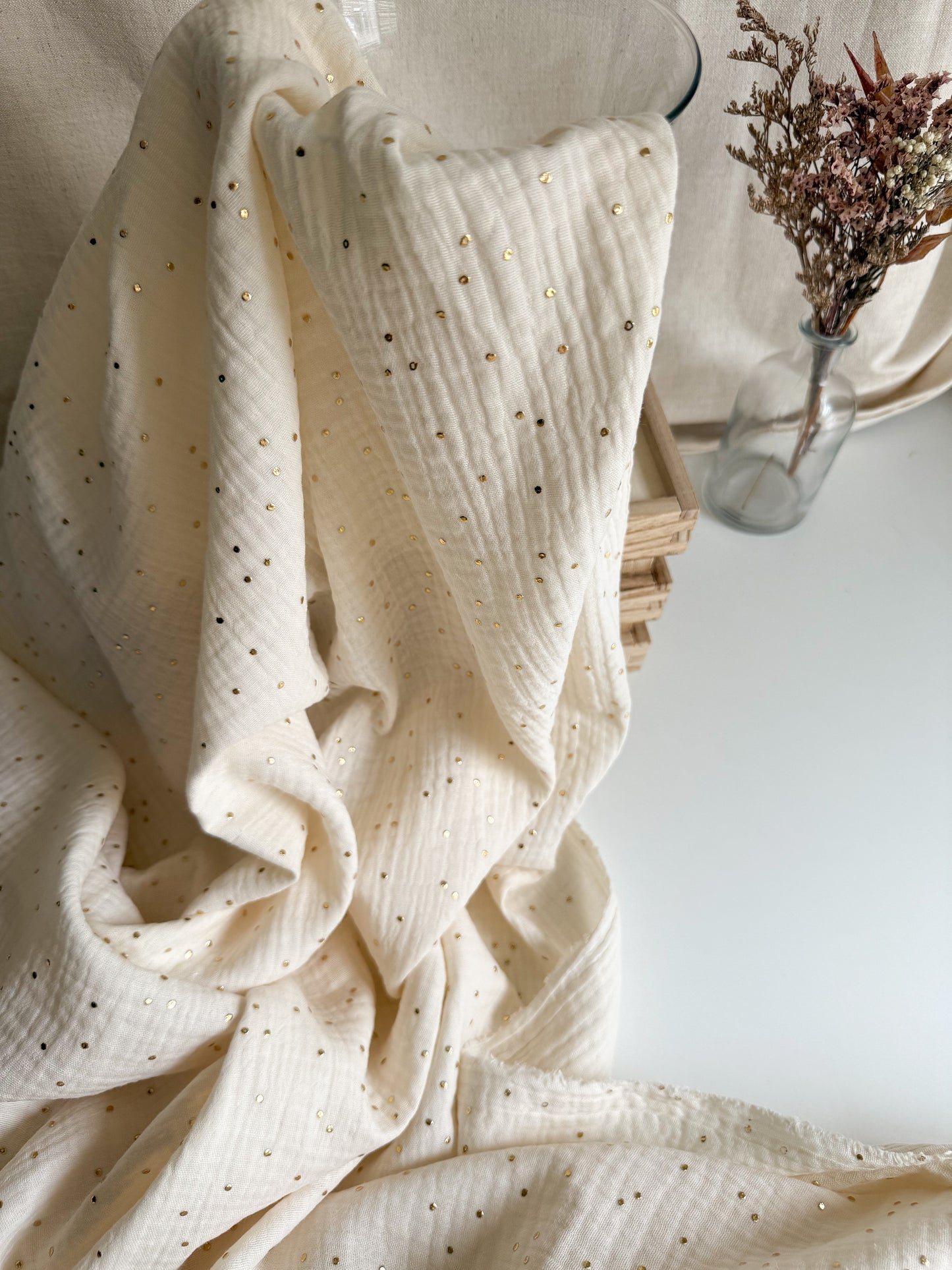 Double Gauze Fabric - Gold Dots Ecru
