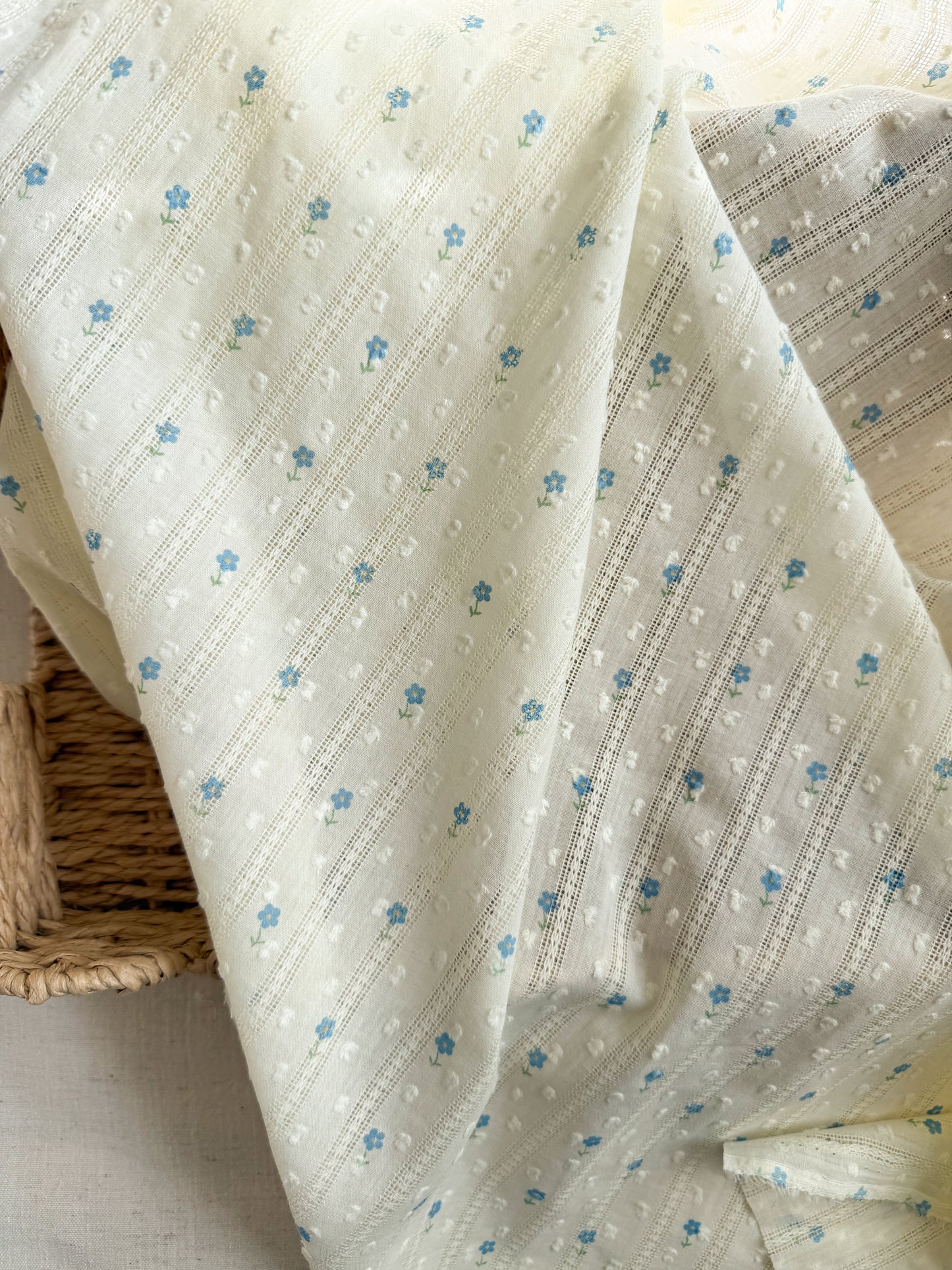 Embroidered Jacquard Cotton Swiss Dot Dobby Fabric - Blue Flowers