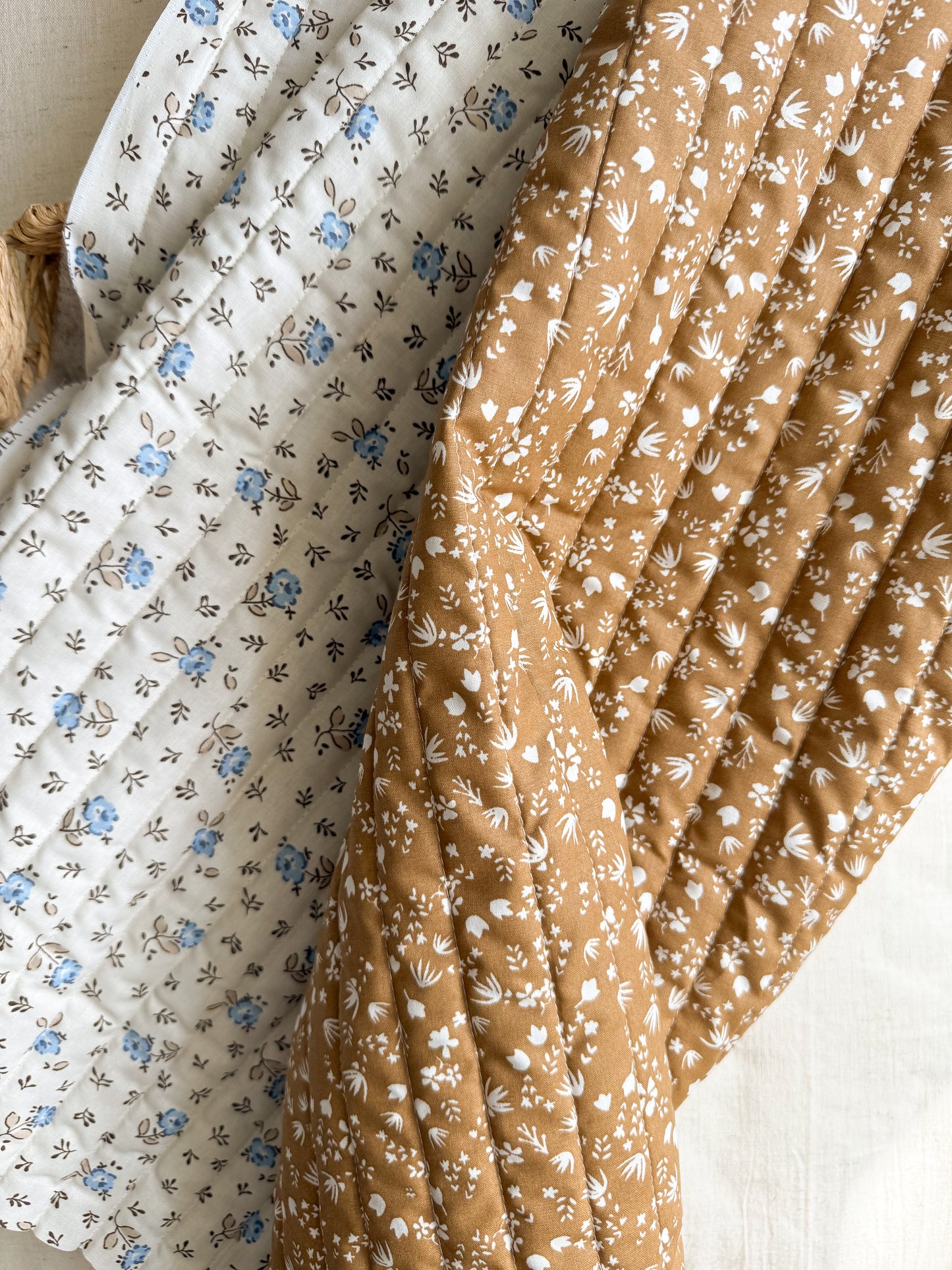 Reversible Quilted Cotton Poplin Fabric - Forget Me Not / Mocha