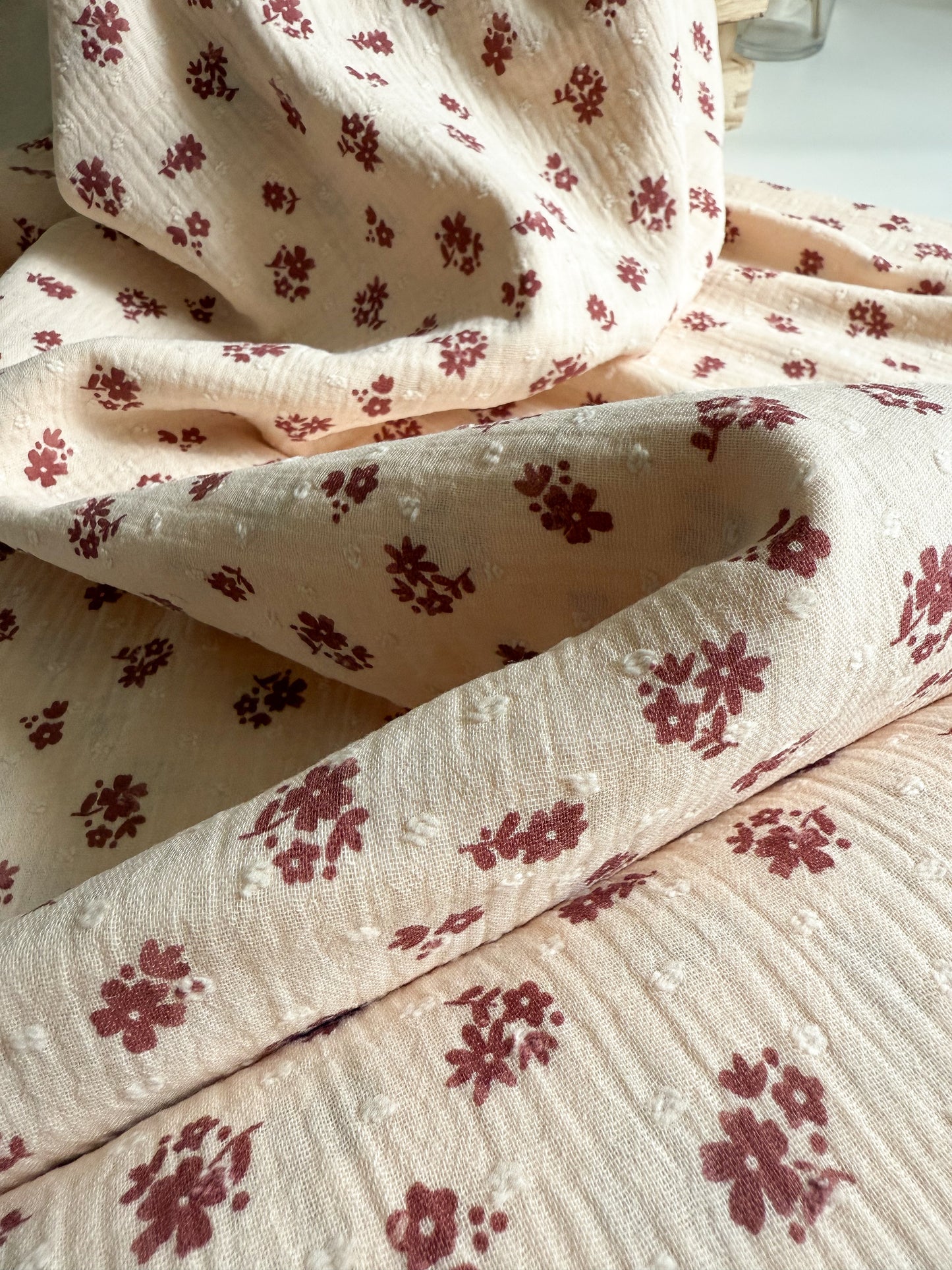Double Gauze Fabric - Swiss Dot Dobby Floral Maroon