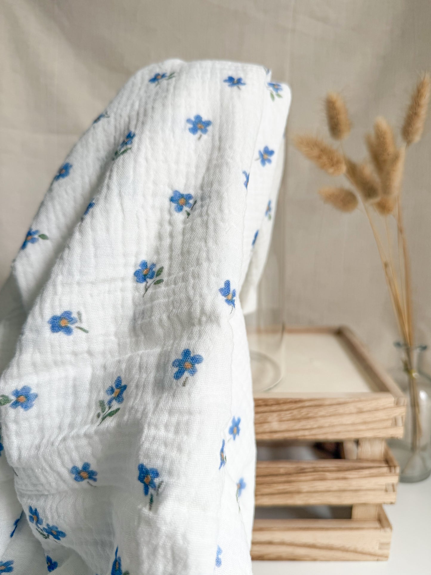 Organic Double Gauze Fabric - Blue Daisy