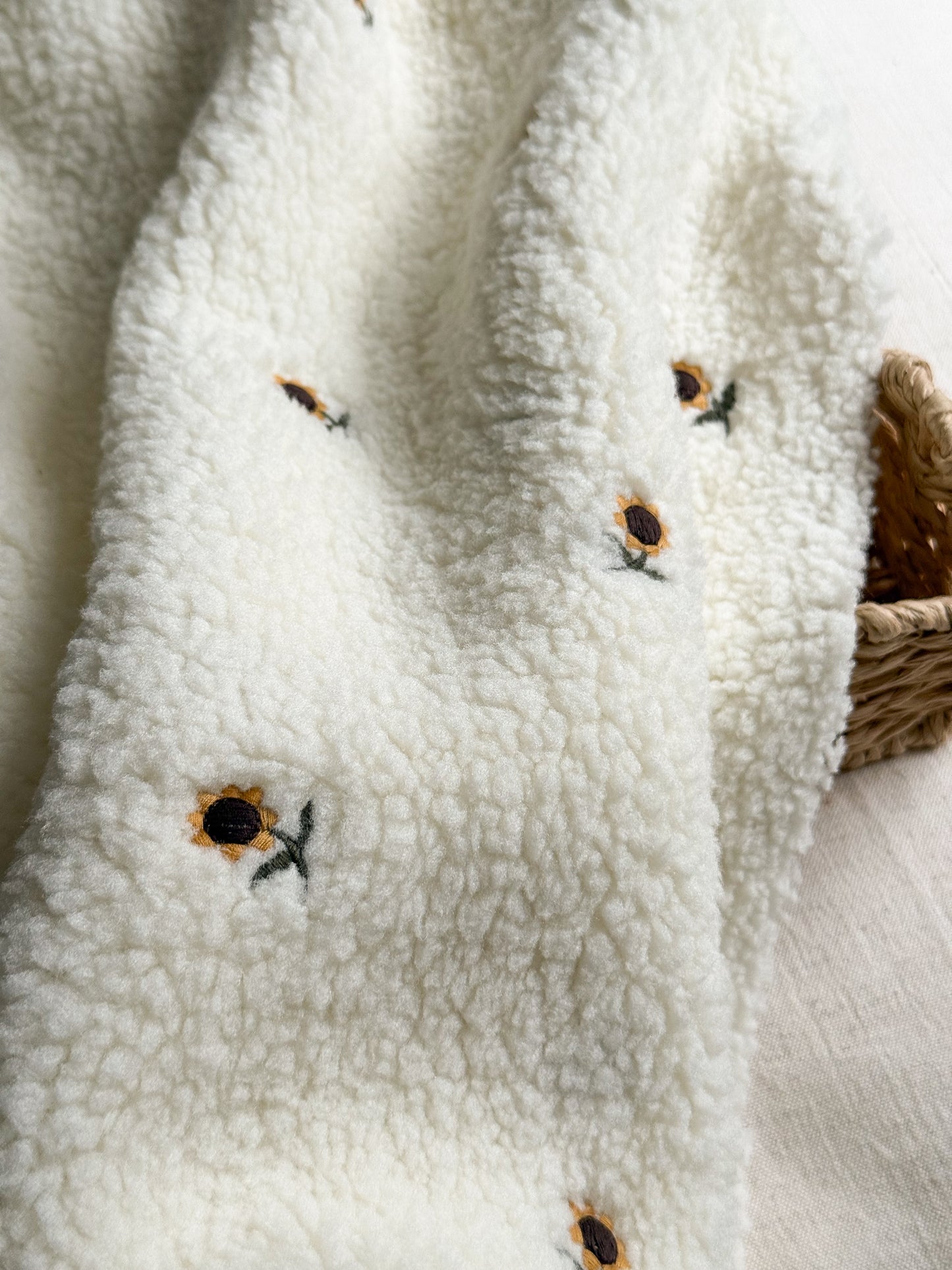 Soft Teddy Fabric - Embroidered Sunflowers