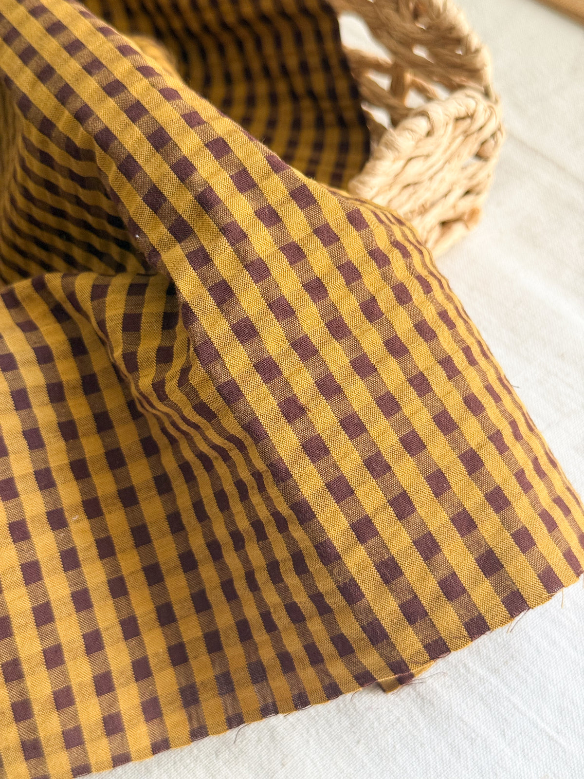 Cotton Seersucker Fabric - Gingham - Ochre