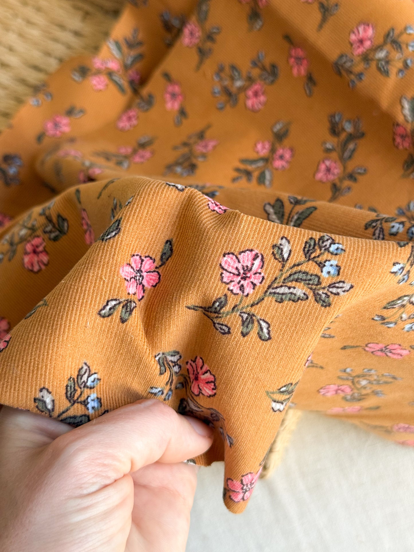 Cotton Baby Cord Fabric - Tan / Floral
