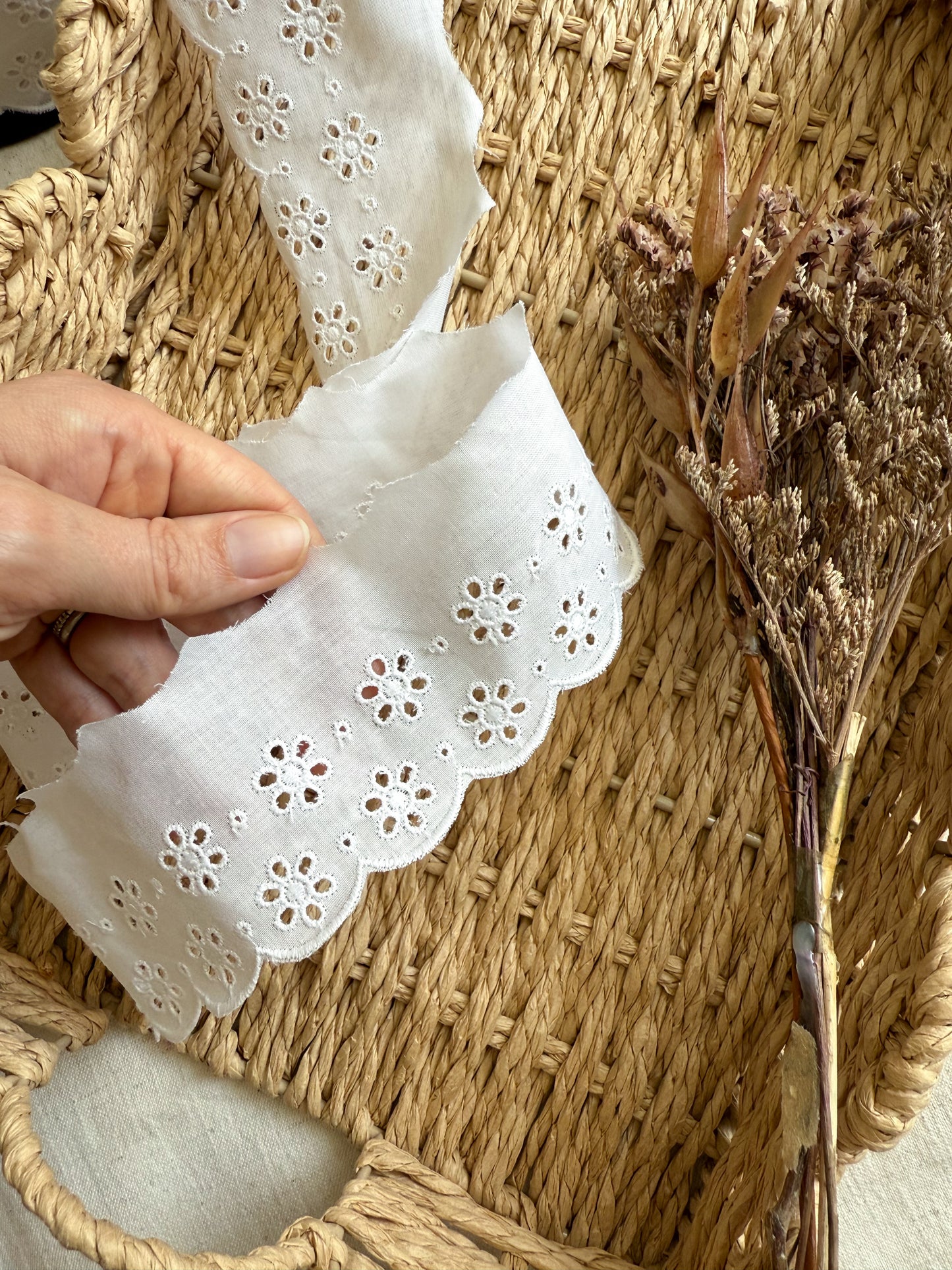 Cotton Broderie Anglaise Trim - White - 50mm wide