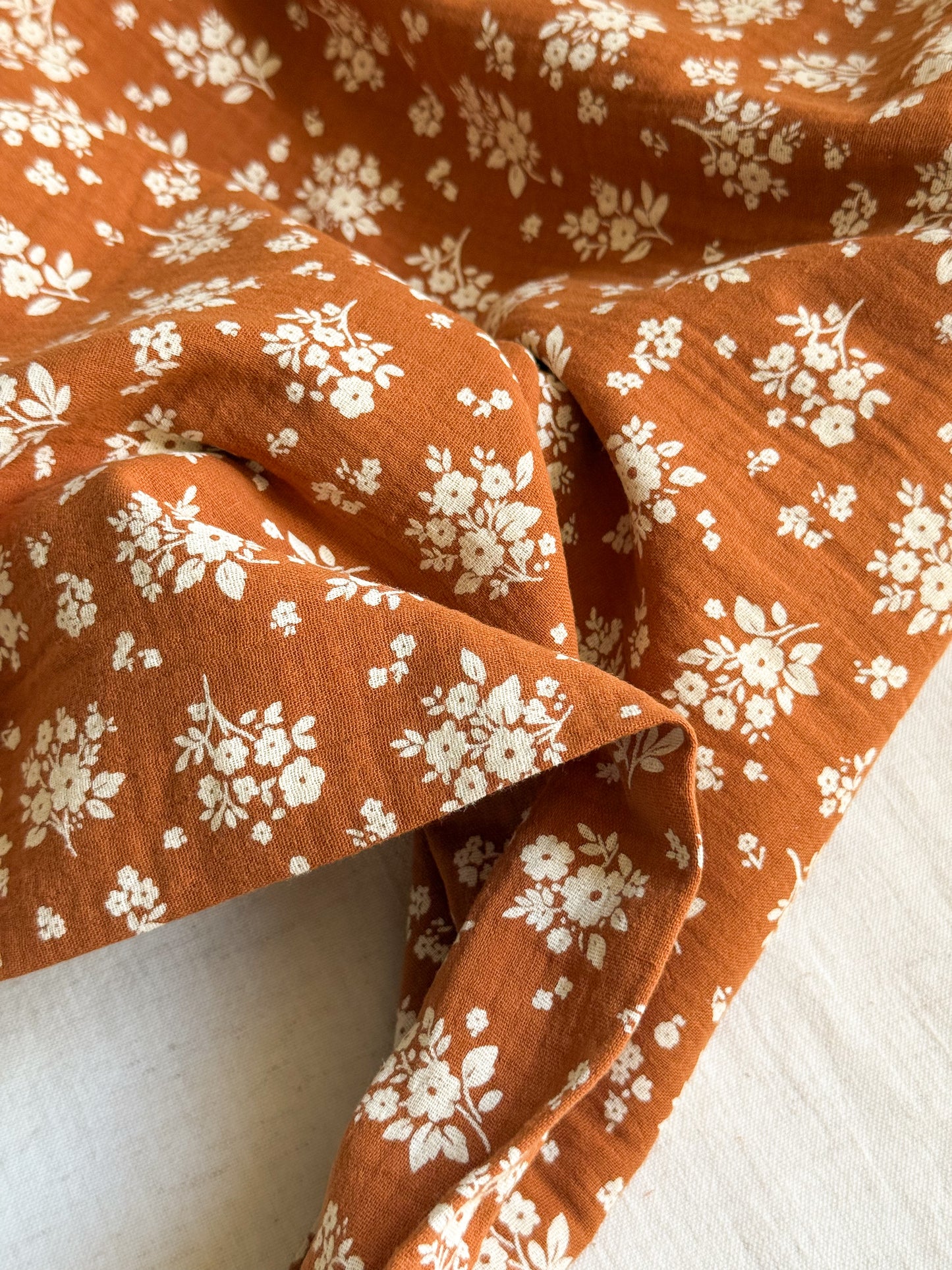 Double Gauze Fabric - Camel / White Floral