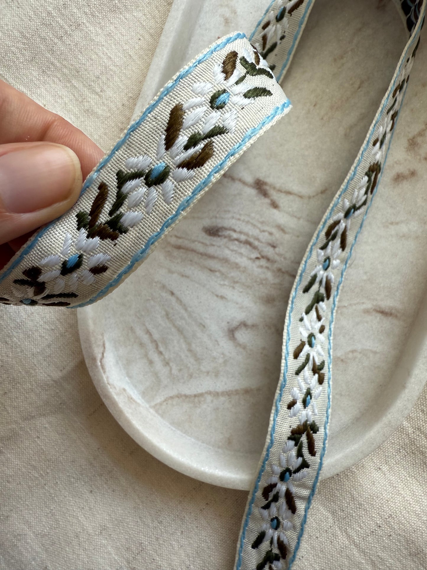 Jacquard Trim Ribbon - White & Blue Floral - 20mm
