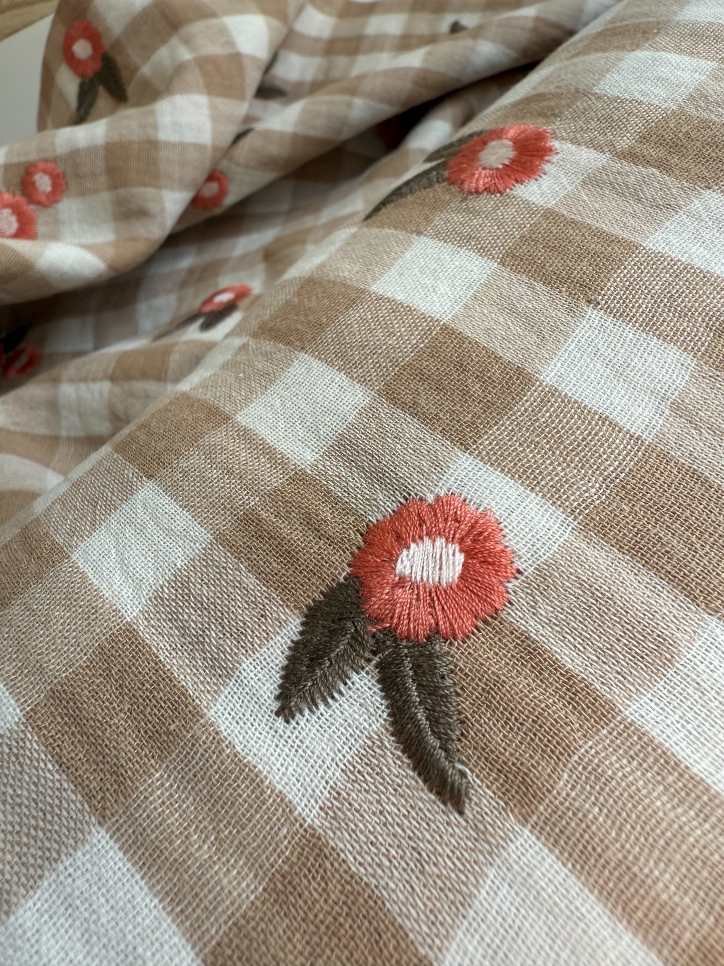 Embroidered Double Gauze Fabric - Biscuit Gingham with Flowers