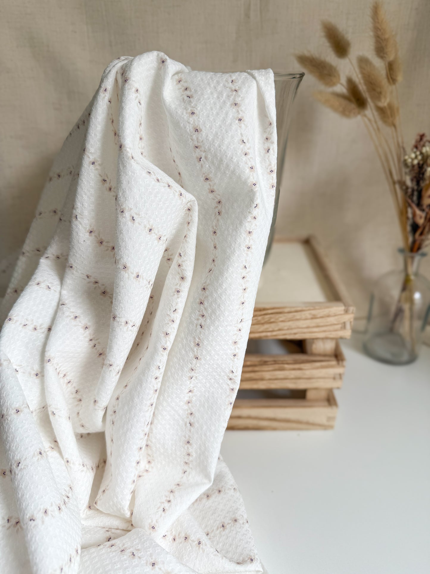 White Textured Organic Cotton Fabric - Nude Floral Stripes