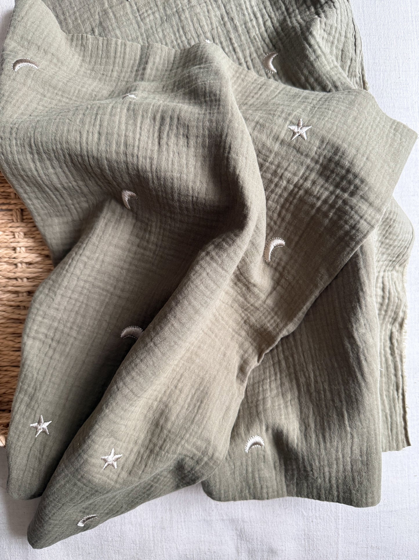 Embroidered Double Gauze Fabric - Moon & Stars - Soft Khaki