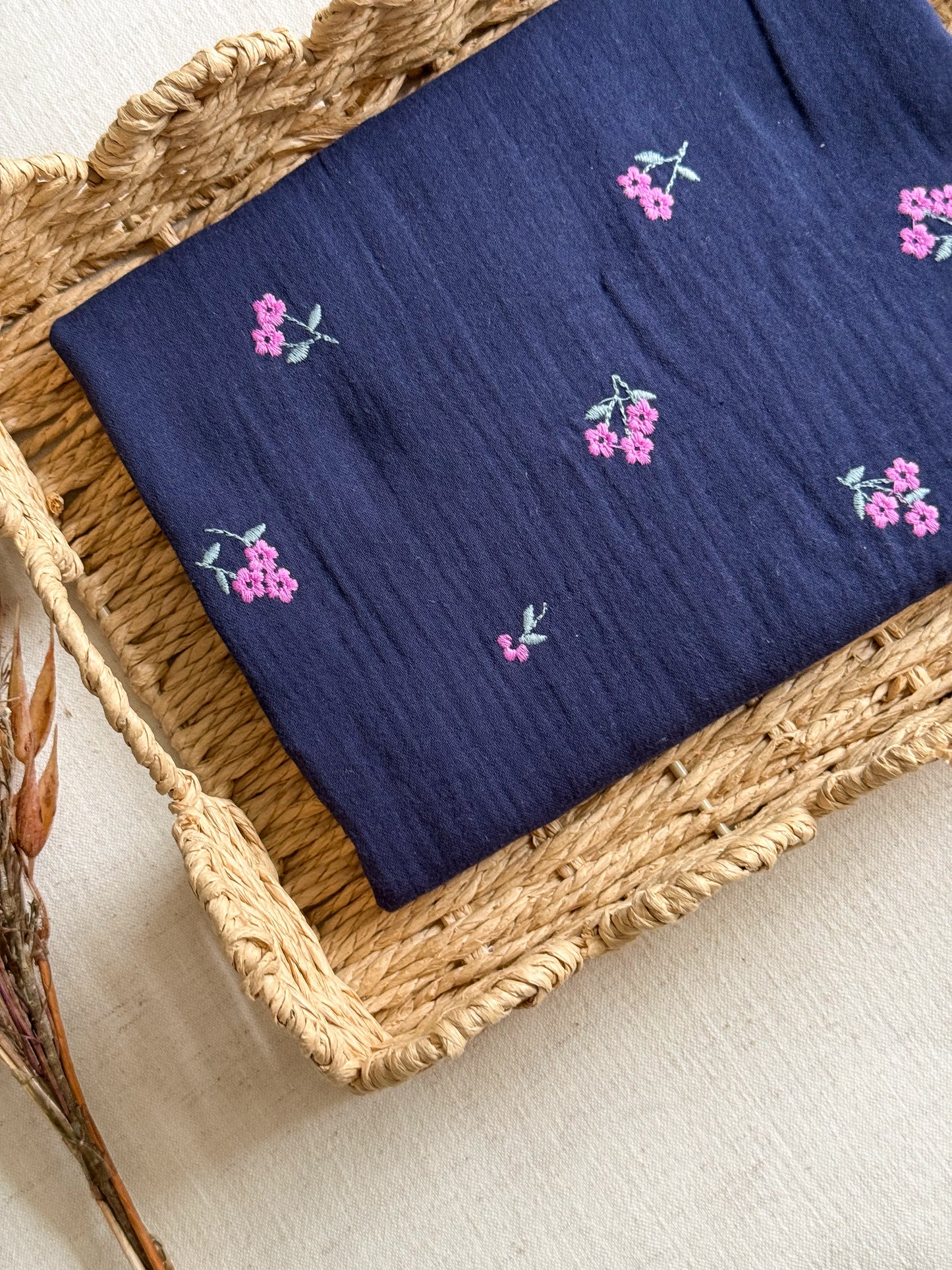 Embroidered Double Gauze Fabric - Navy Pink Flowers