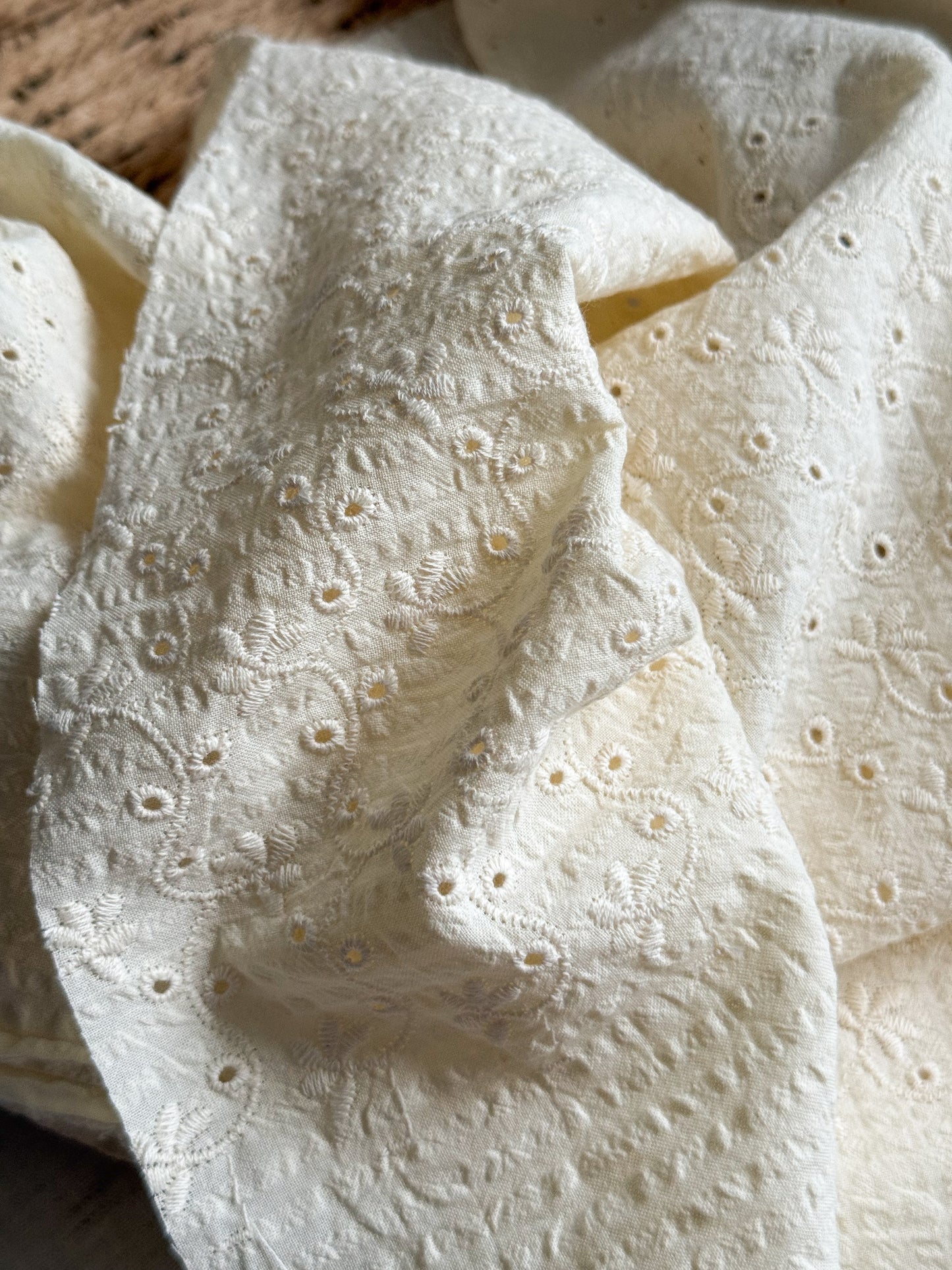 Cotton Embroidered Seersucker Fabric - Ecru Broderie Clematis