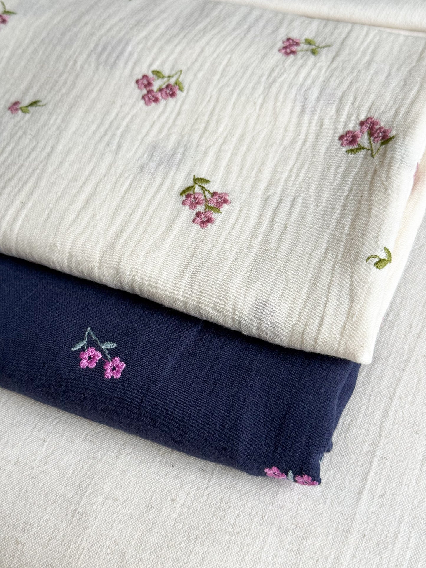 Embroidered Double Gauze Fabric - Natural - Pink Flowers