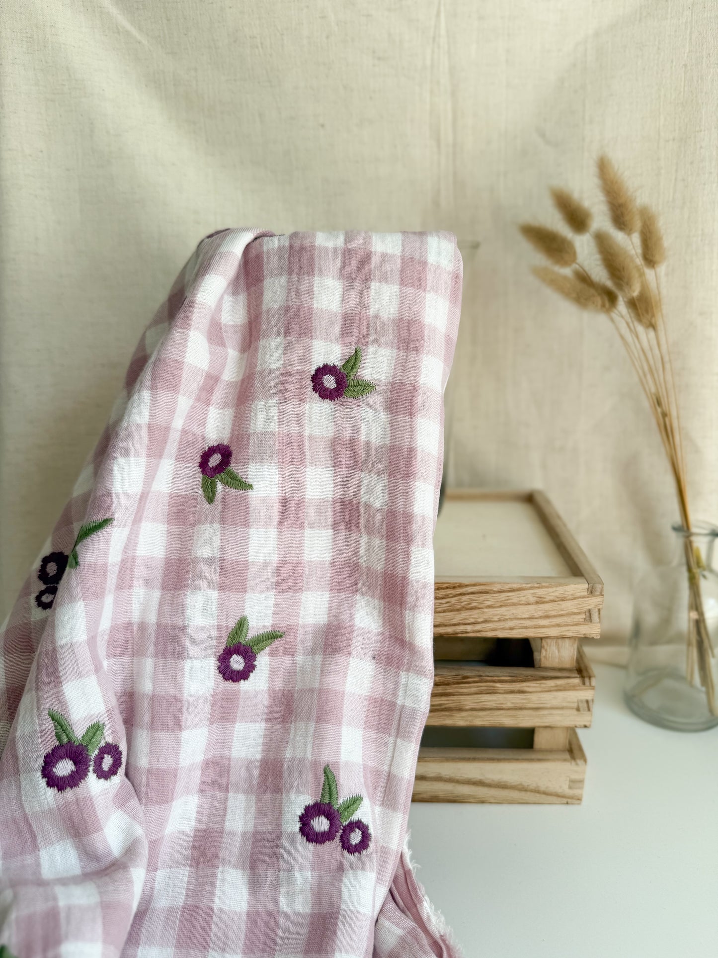 Embroidered Double Gauze Fabric - Mauve Gingham with Flowers