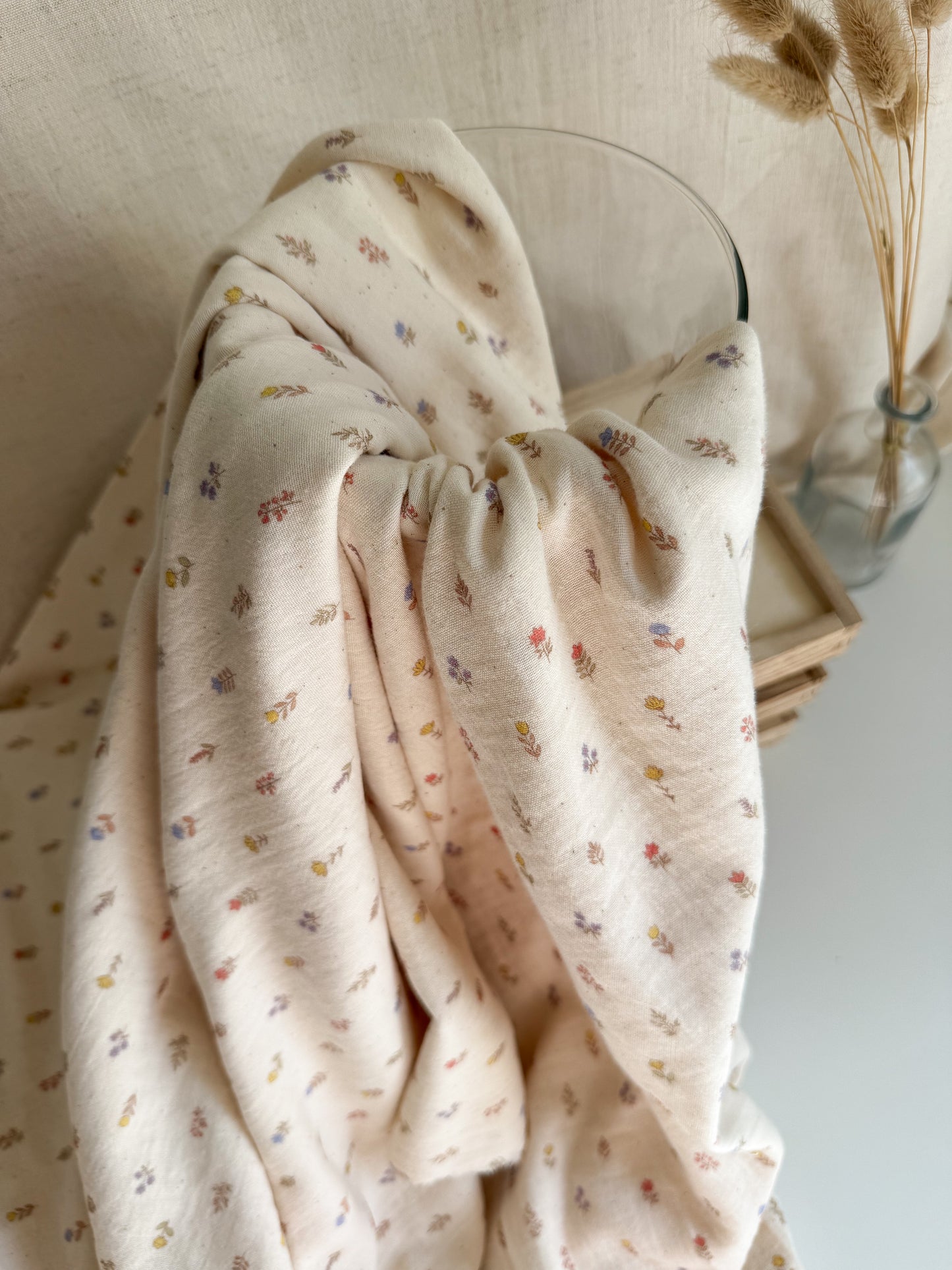 Organic Double Gauze Fabric - Floral Stems Natural