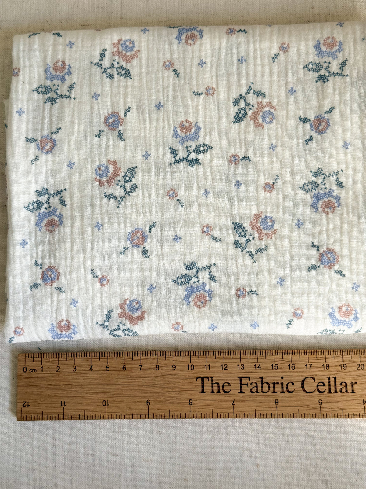 Double Gauze Fabric - Pastel Cross Stitch Floral Print