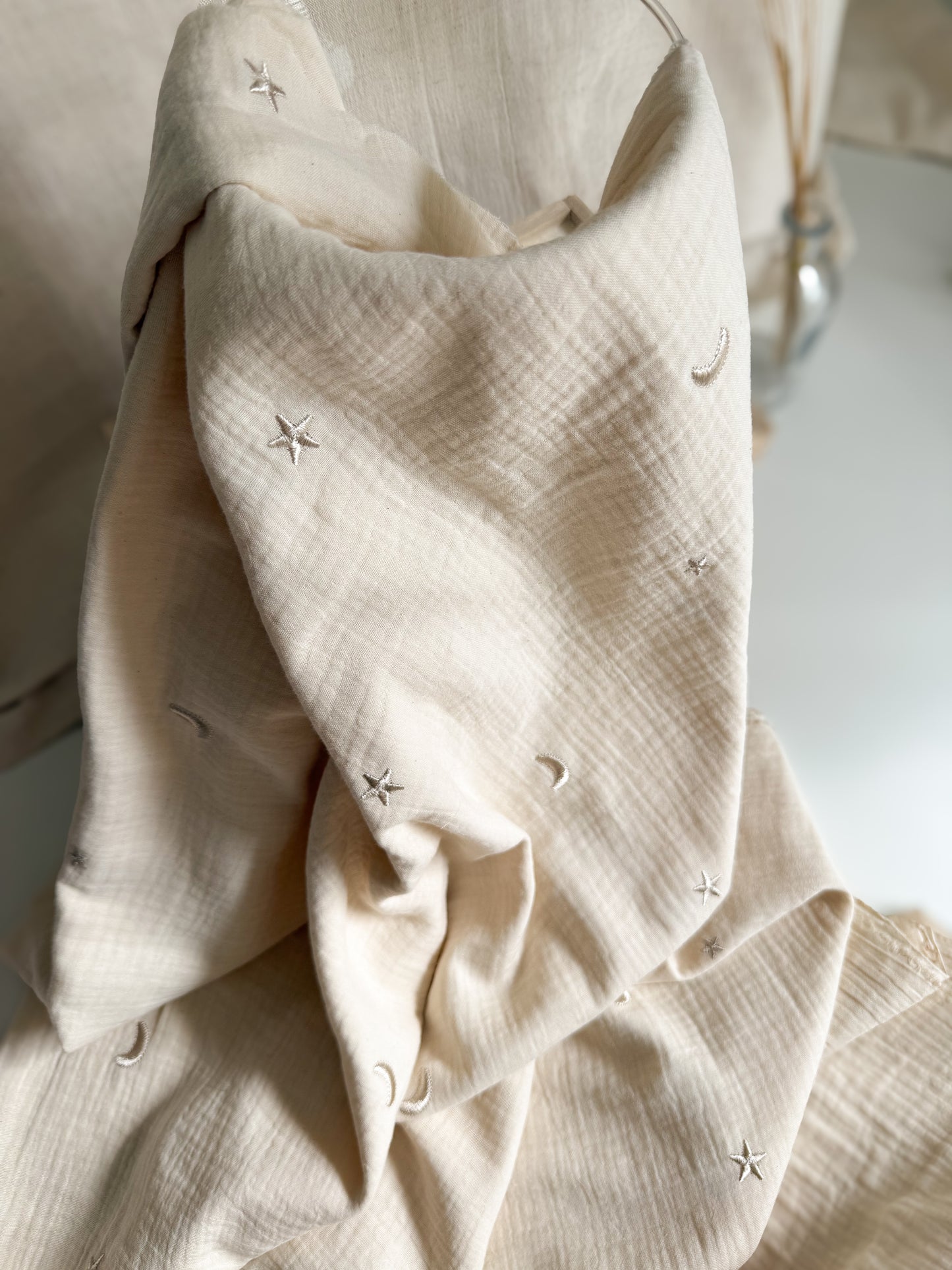 Embroidered Double Gauze Fabric - Moon & Stars