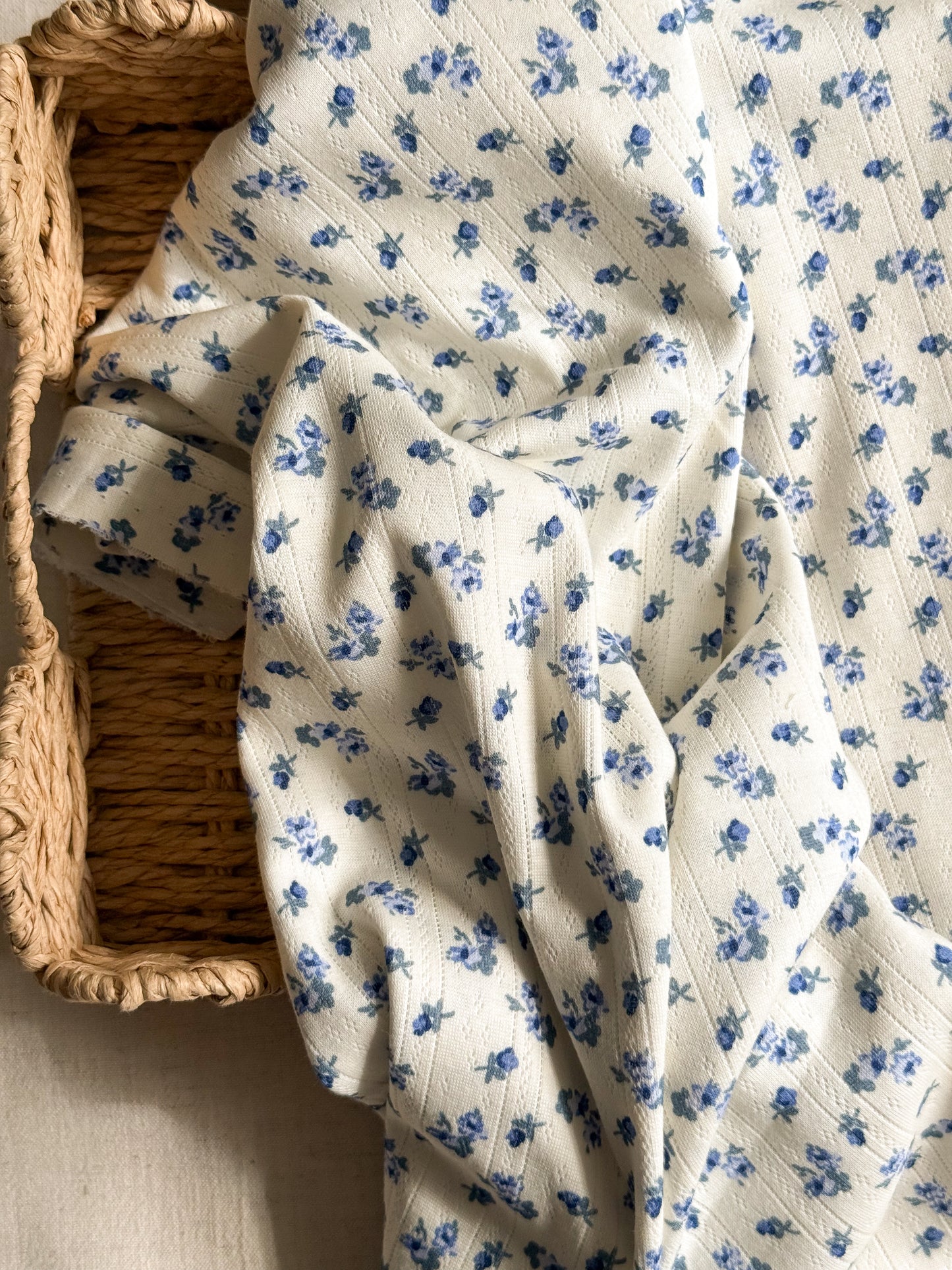 Printed Cotton Jersey Pointelle Fabric - Blue Floral