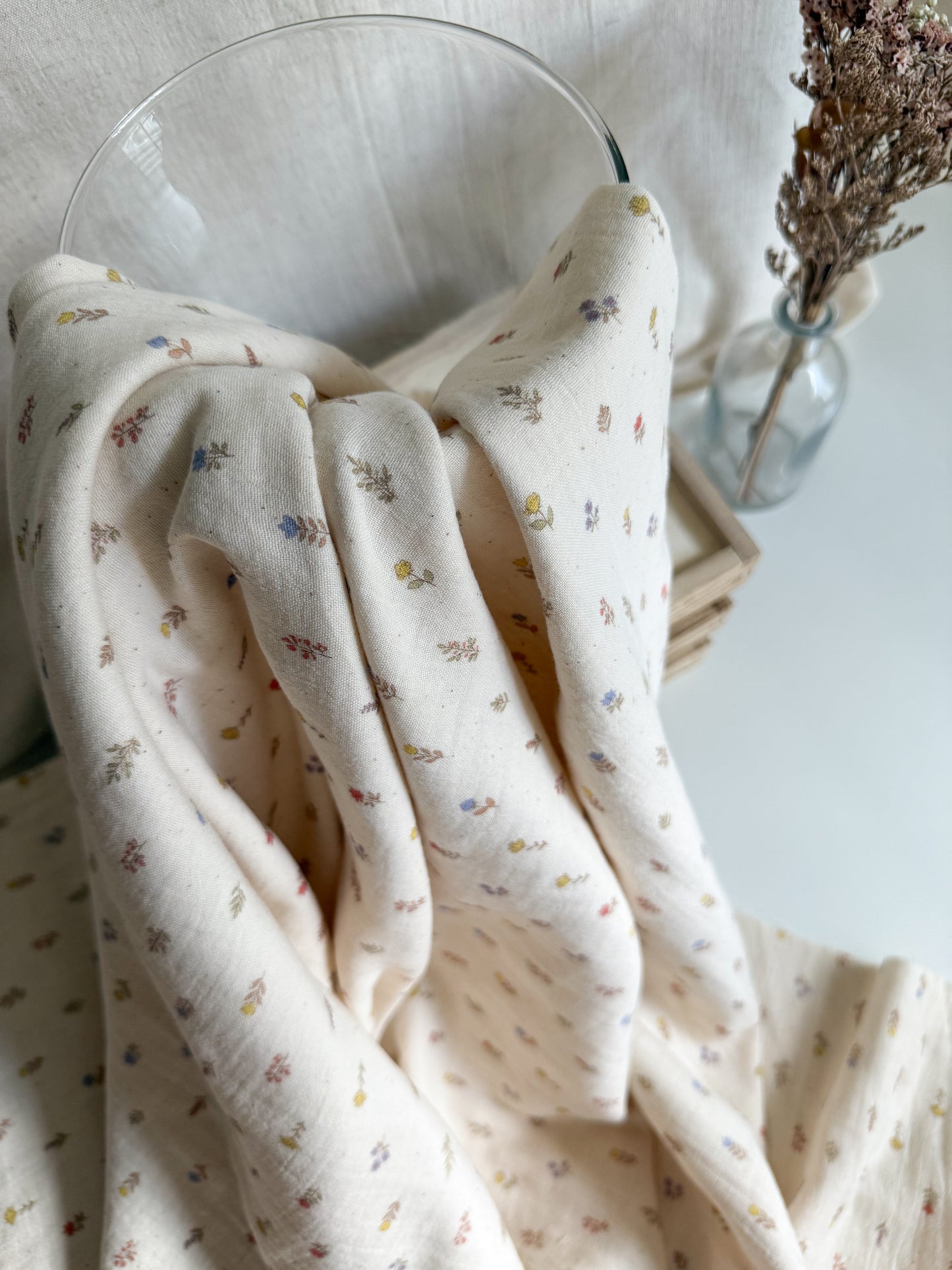 Organic Double Gauze Fabric - Floral Stems Natural