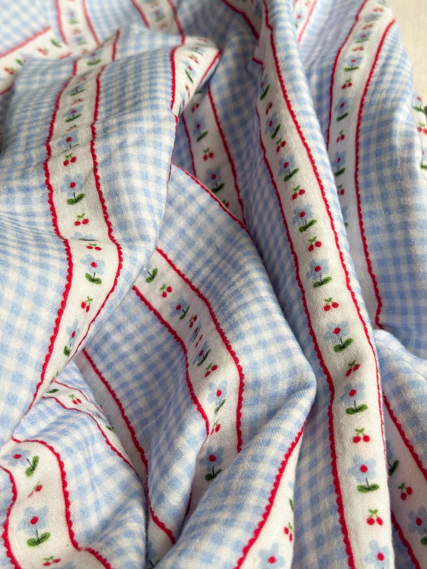 Double Gauze Fabric - Gingham Flowers & Cherries - Blue