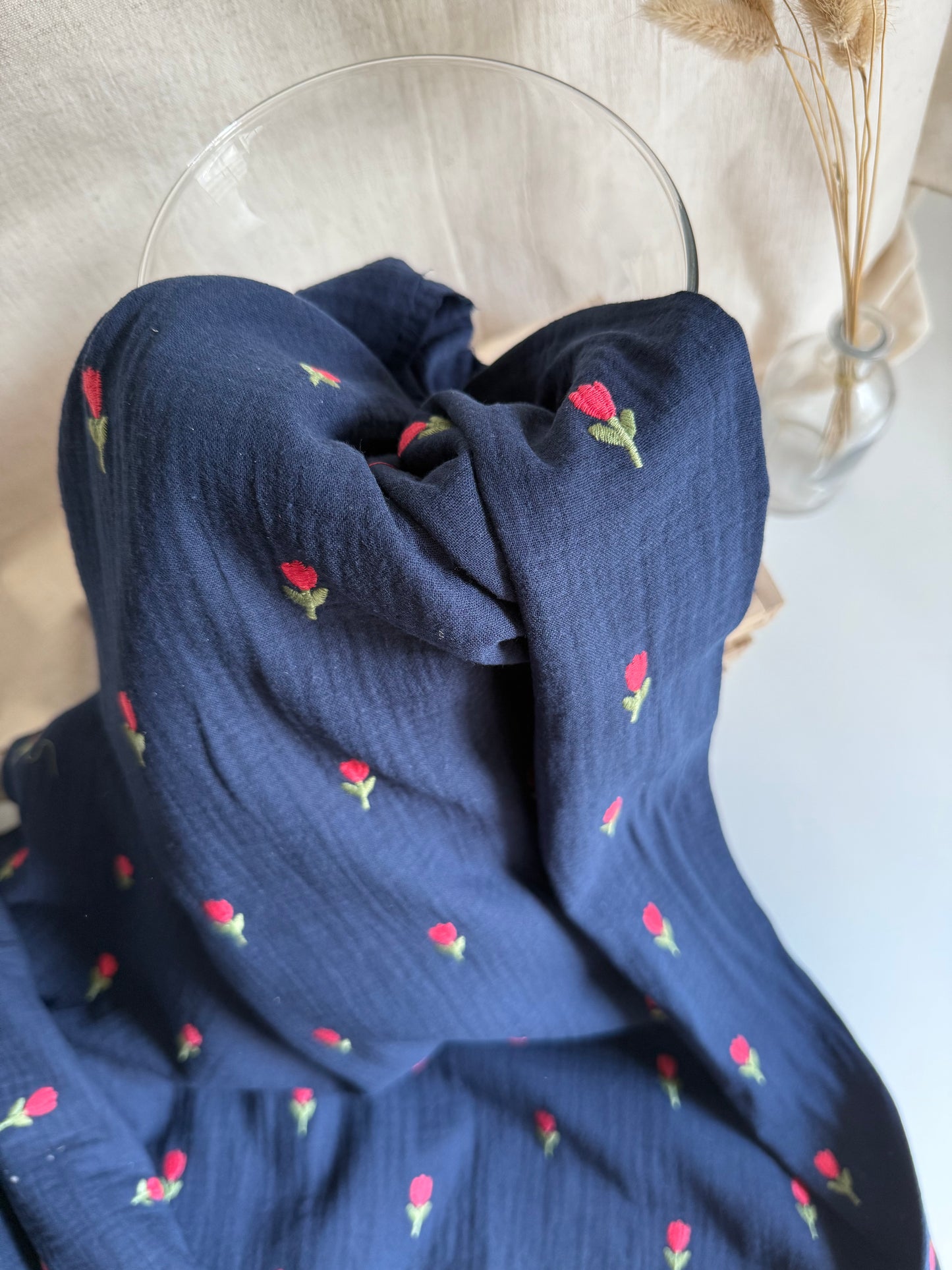 Embroidered Double Gauze Fabric - Navy Tulips