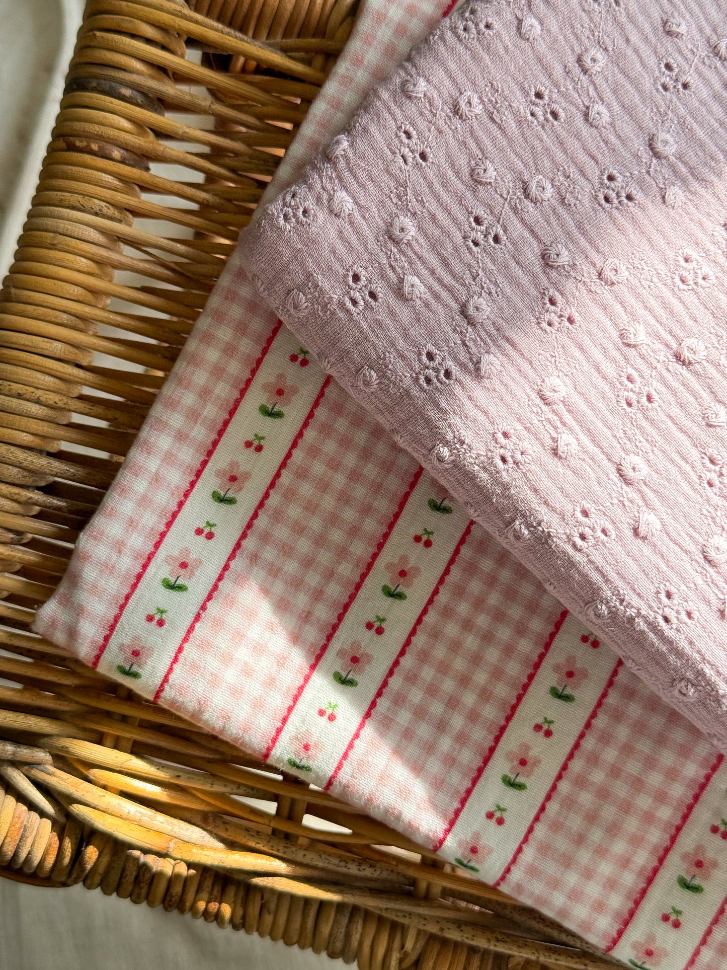 Embroidered Double Gauze Fabric - Petal Pink - 30cm Remnant