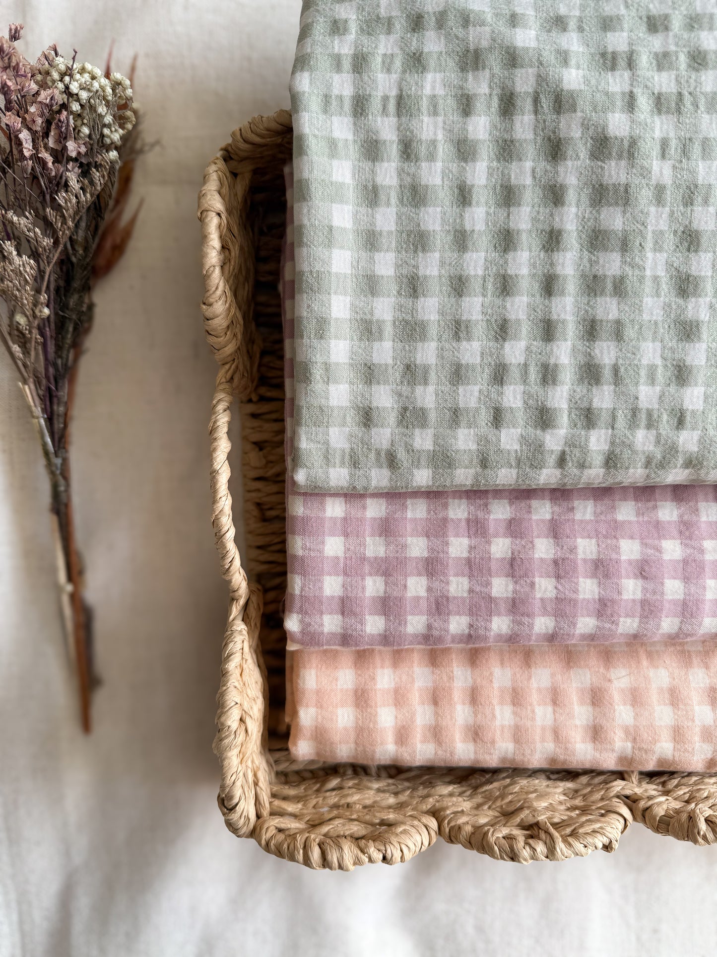 Organic Cotton Blend Seersucker Fabric - Gingham Soft Pink
