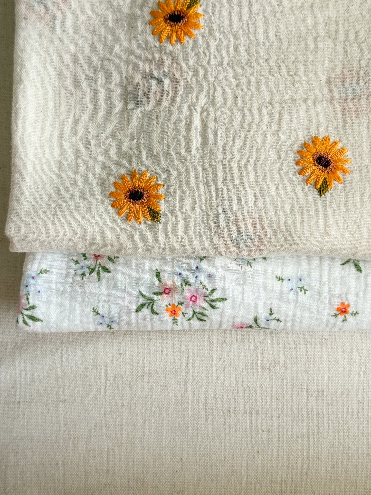 Embroidered Double Gauze Fabric - Sunflowers - Ecru