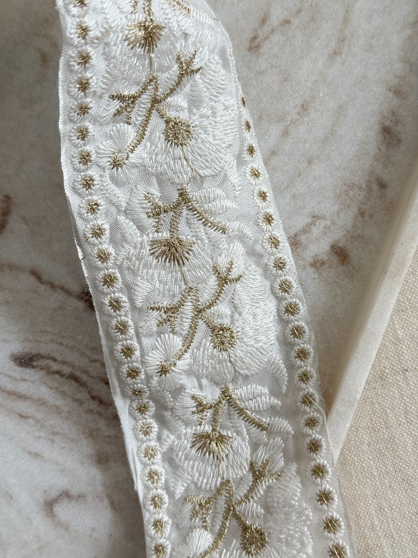 Gold & White Embroidered Floral Trim - 50mm