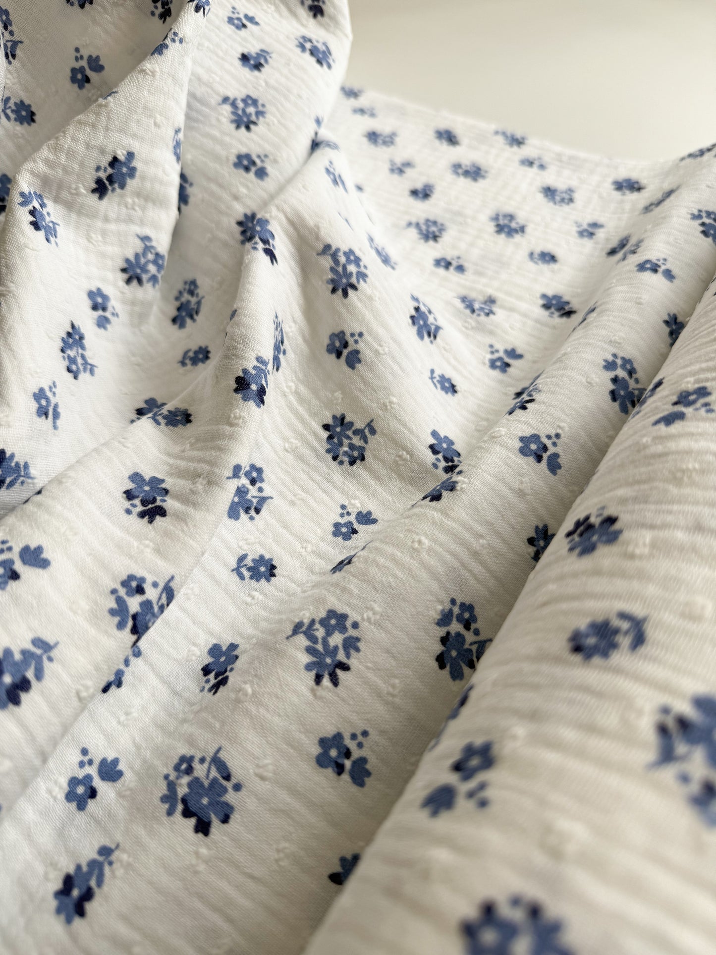 Double Gauze Fabric - Swiss Dot Dobby Floral Blue